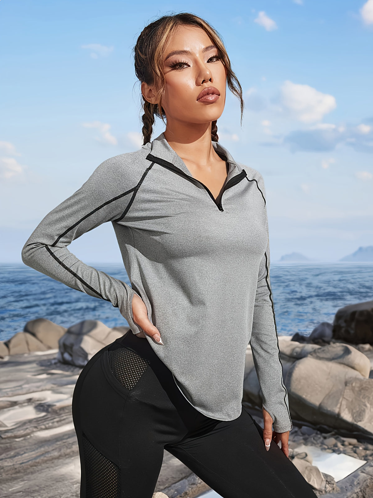 Half Zip Stand Collar Raglan Top - Grey