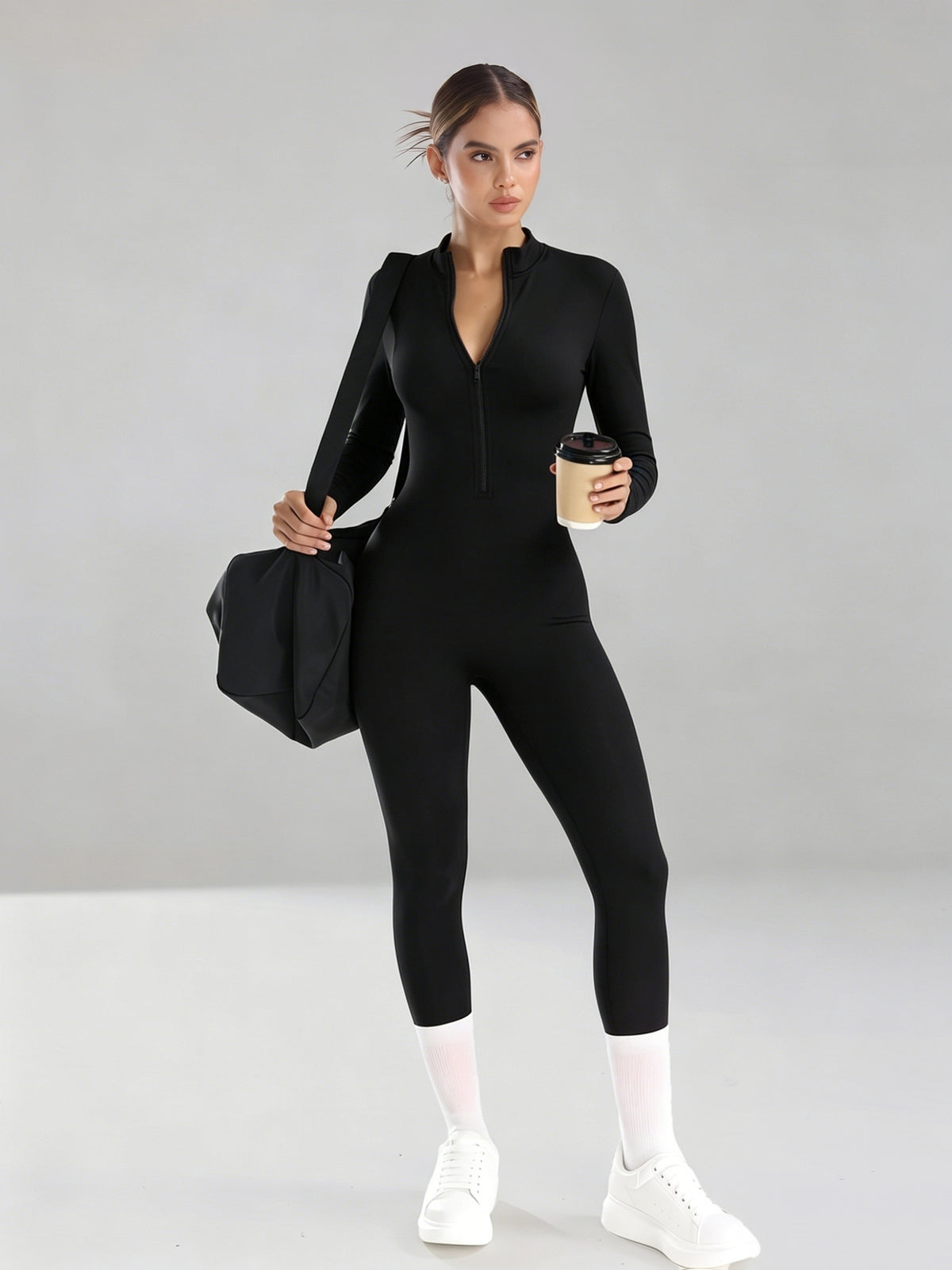 Half Zip Stand Collar Unitard - Black
