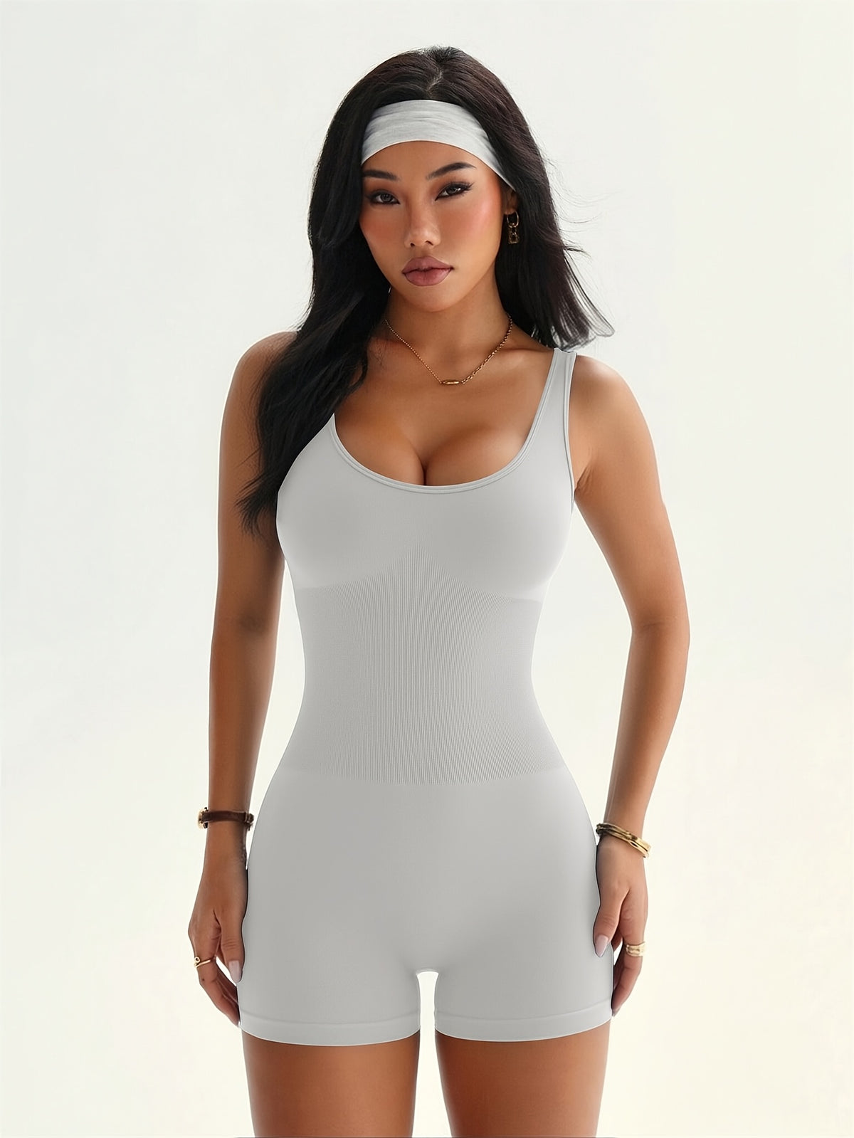Cross Back Scoop Neck Romper - Light Grey