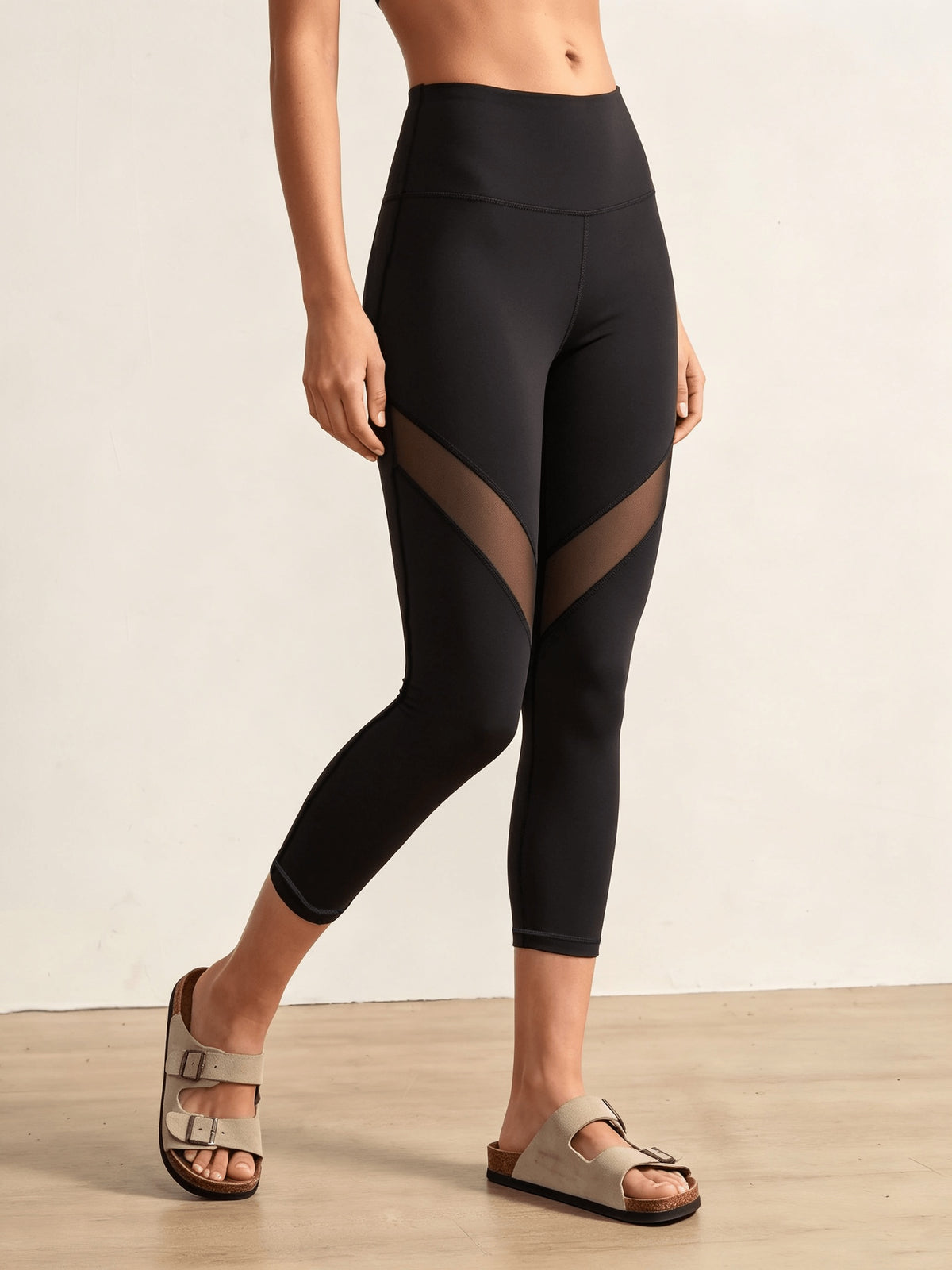 Oblique Mesh Panel Wide Waistband Leggings - Black