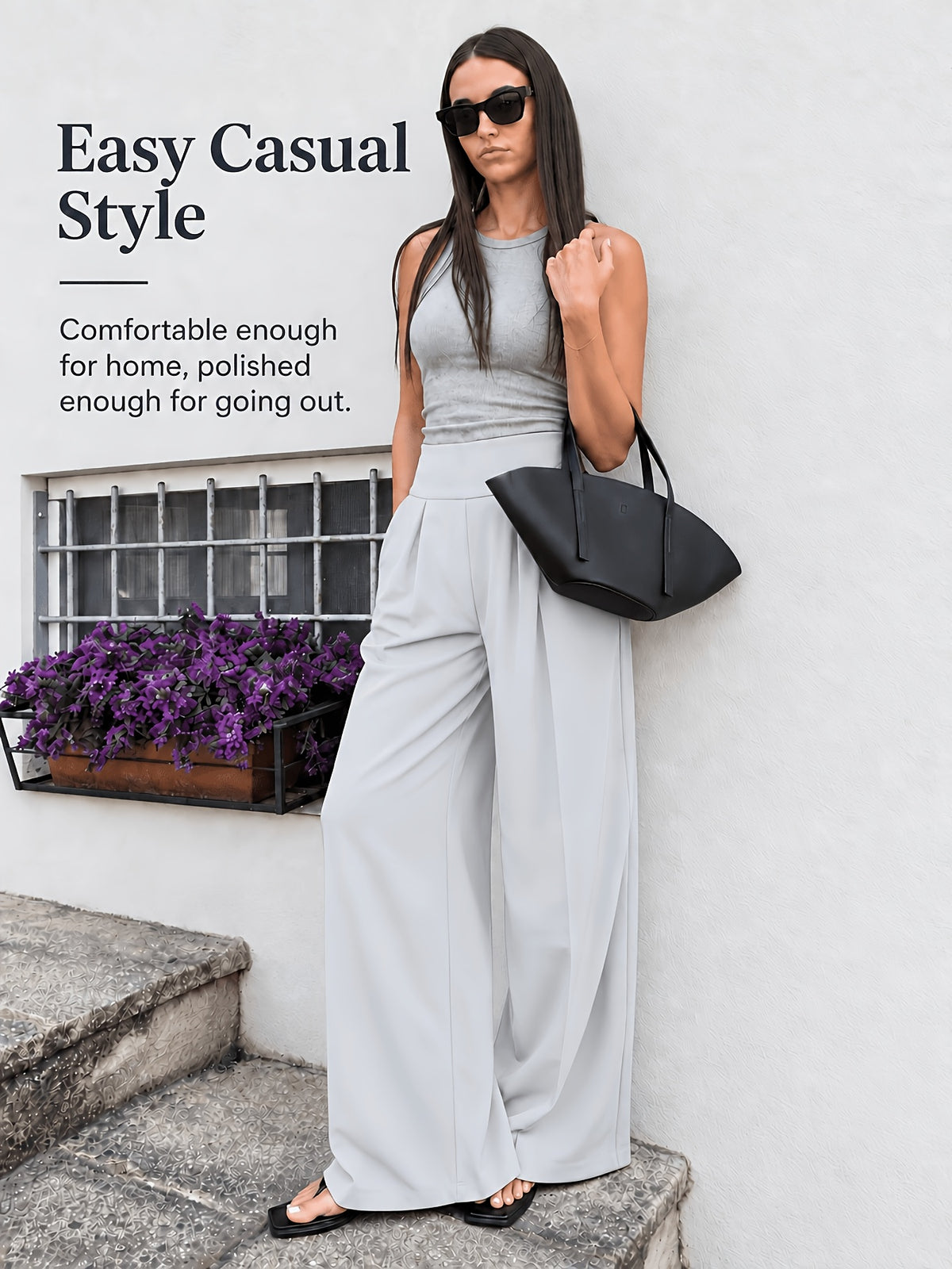 Front Pleat Straight Leg Yoga Pants - Light Grey