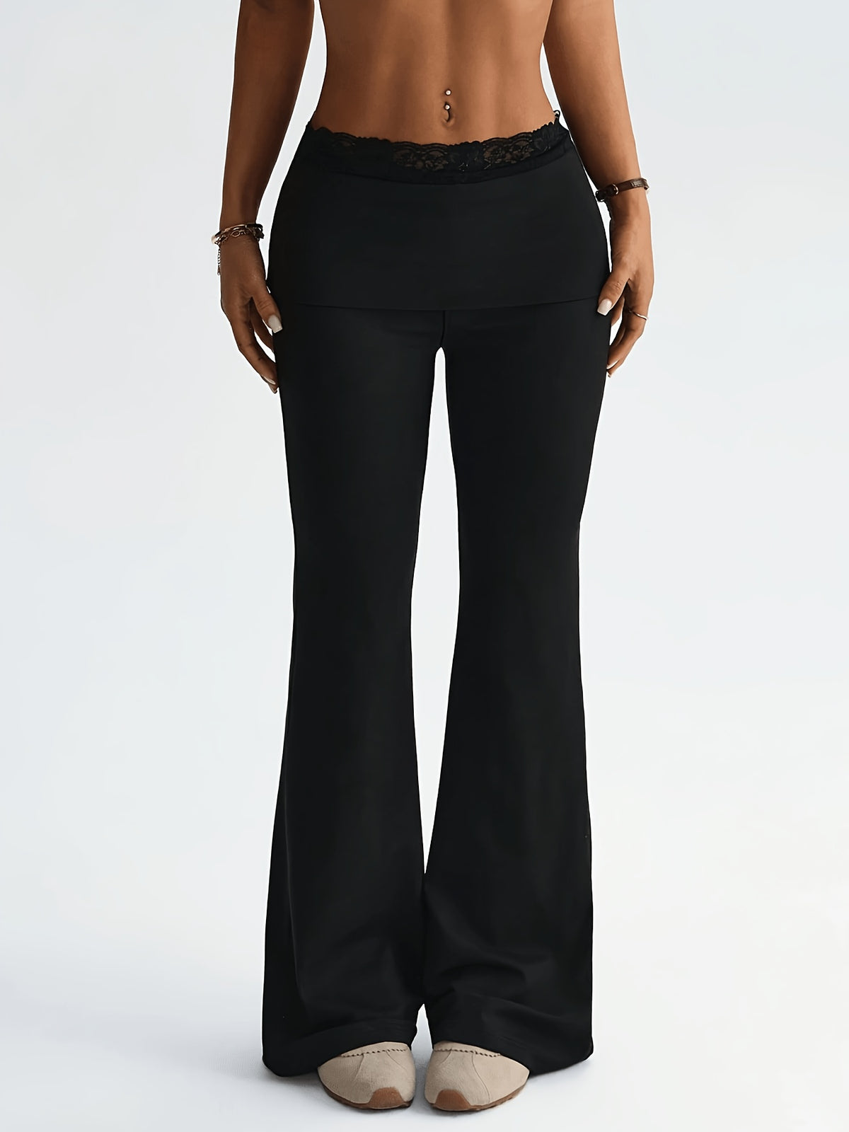 Lace Trim Fold Over Low Rise Flare Pants - Black