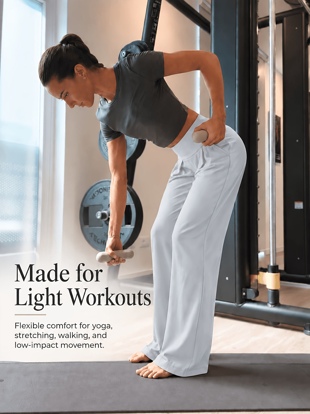 Front Pleat Straight Leg Yoga Pants - Light Grey