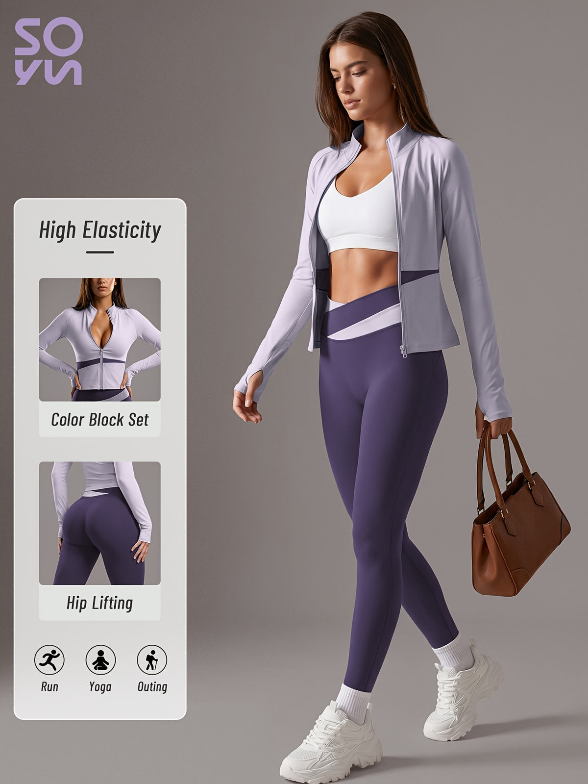 Color Block Cardigan Jacket & Slim Pants Set - Light Purple & Purple