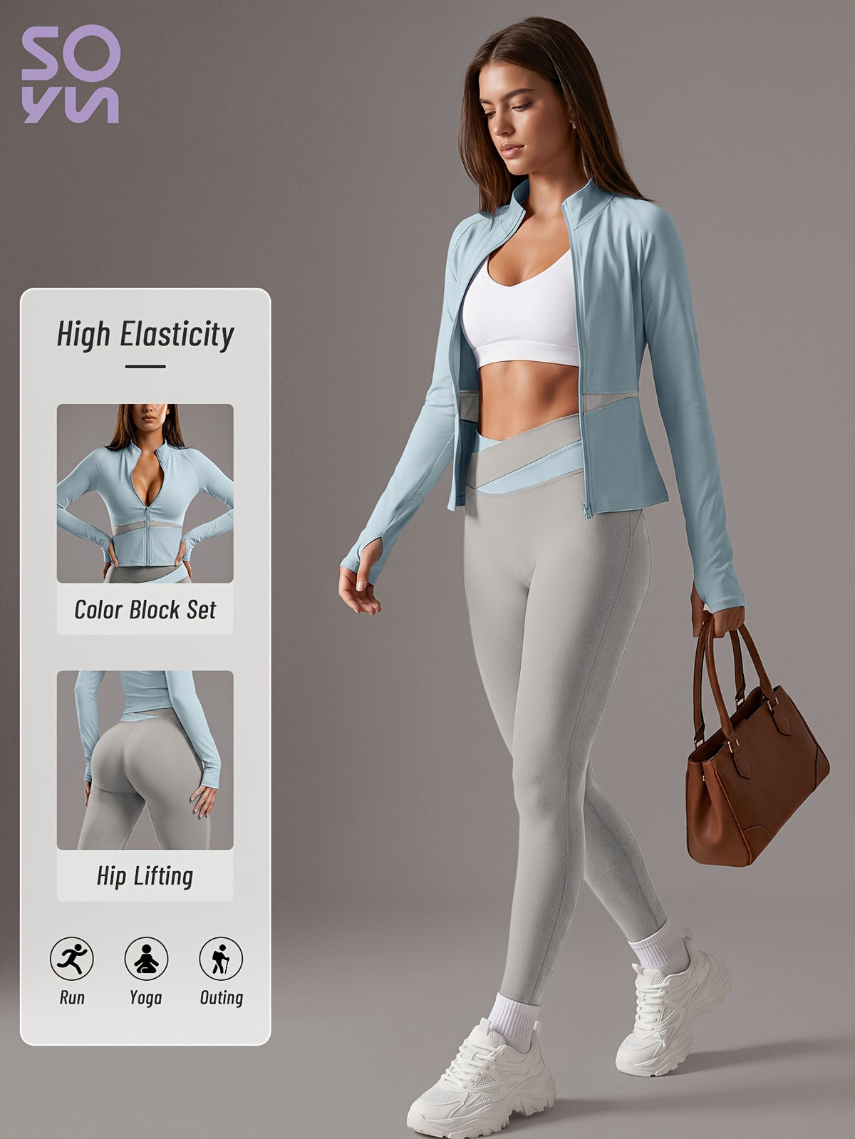 Color Block Cardigan Jacket & Slim Pants Set - Light Blue & Light Grey