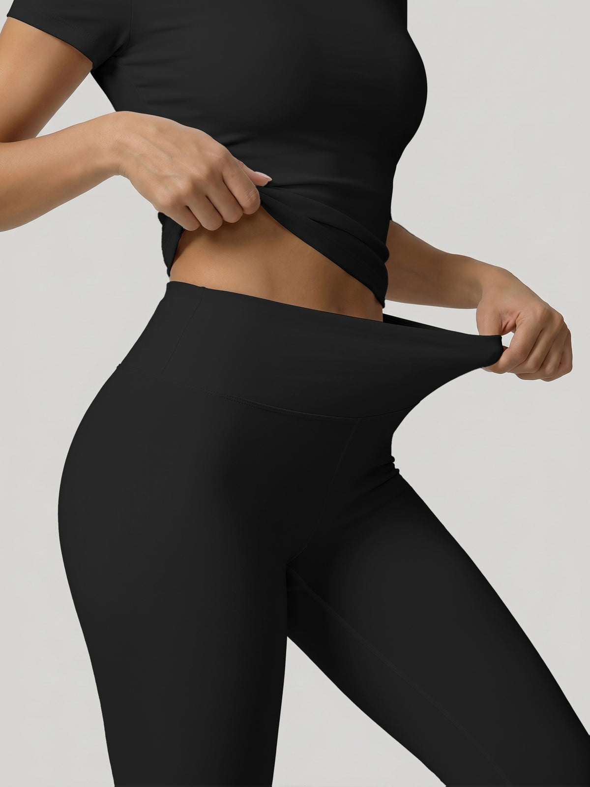 Round Neck Top & Tummy Tuck Leggings Set - Black