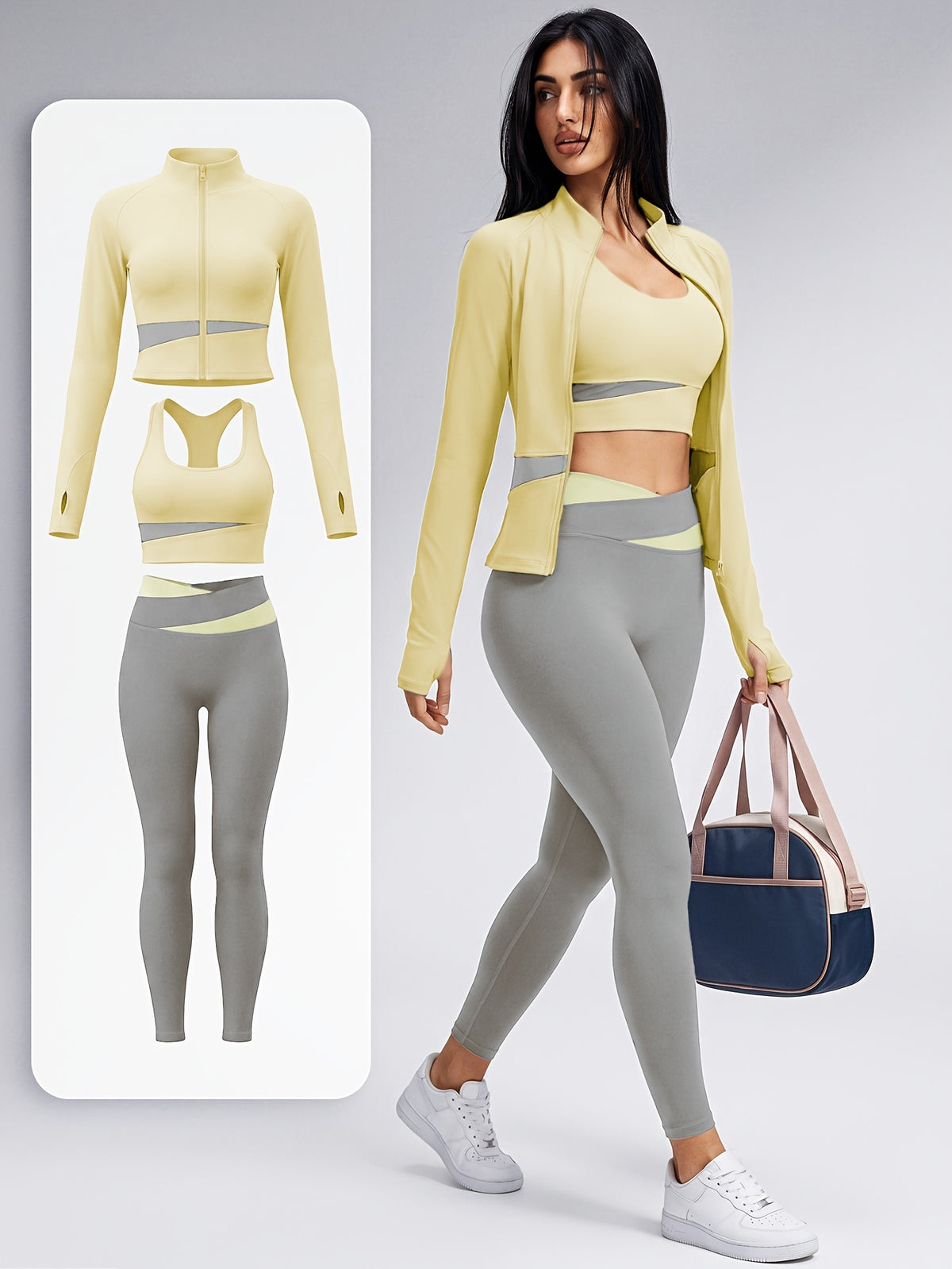 Colour Block Thumbhole Jacket 3 Piece Set - Yellow & Light Gray