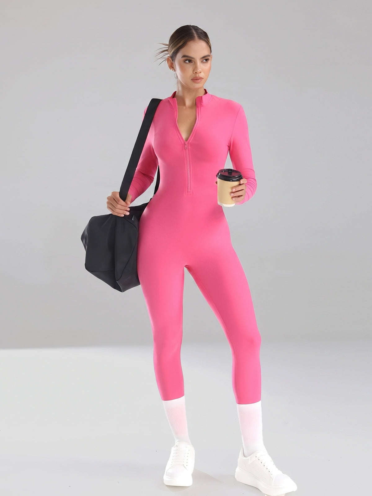 Half Zip Stand Collar Unitard - Bright Pink