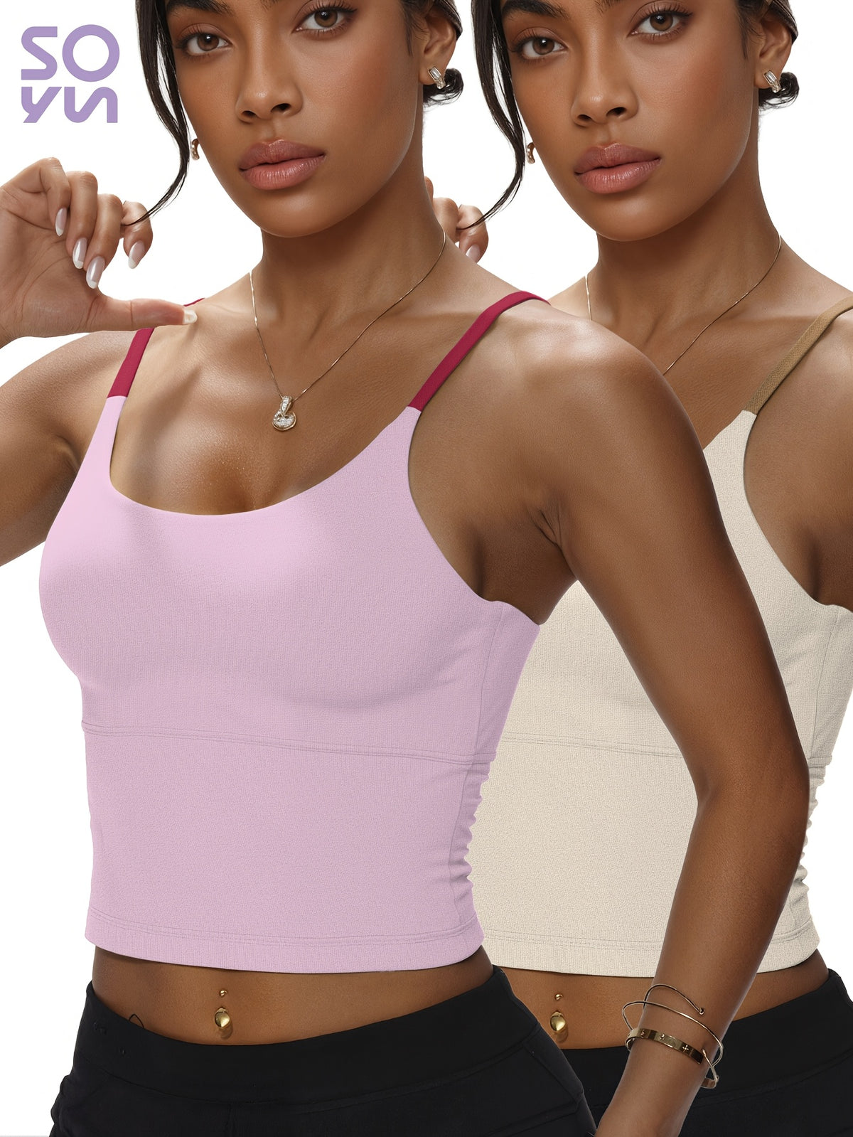 2 Pack Color Block Padded Tank Tops - Pink & Ivory White