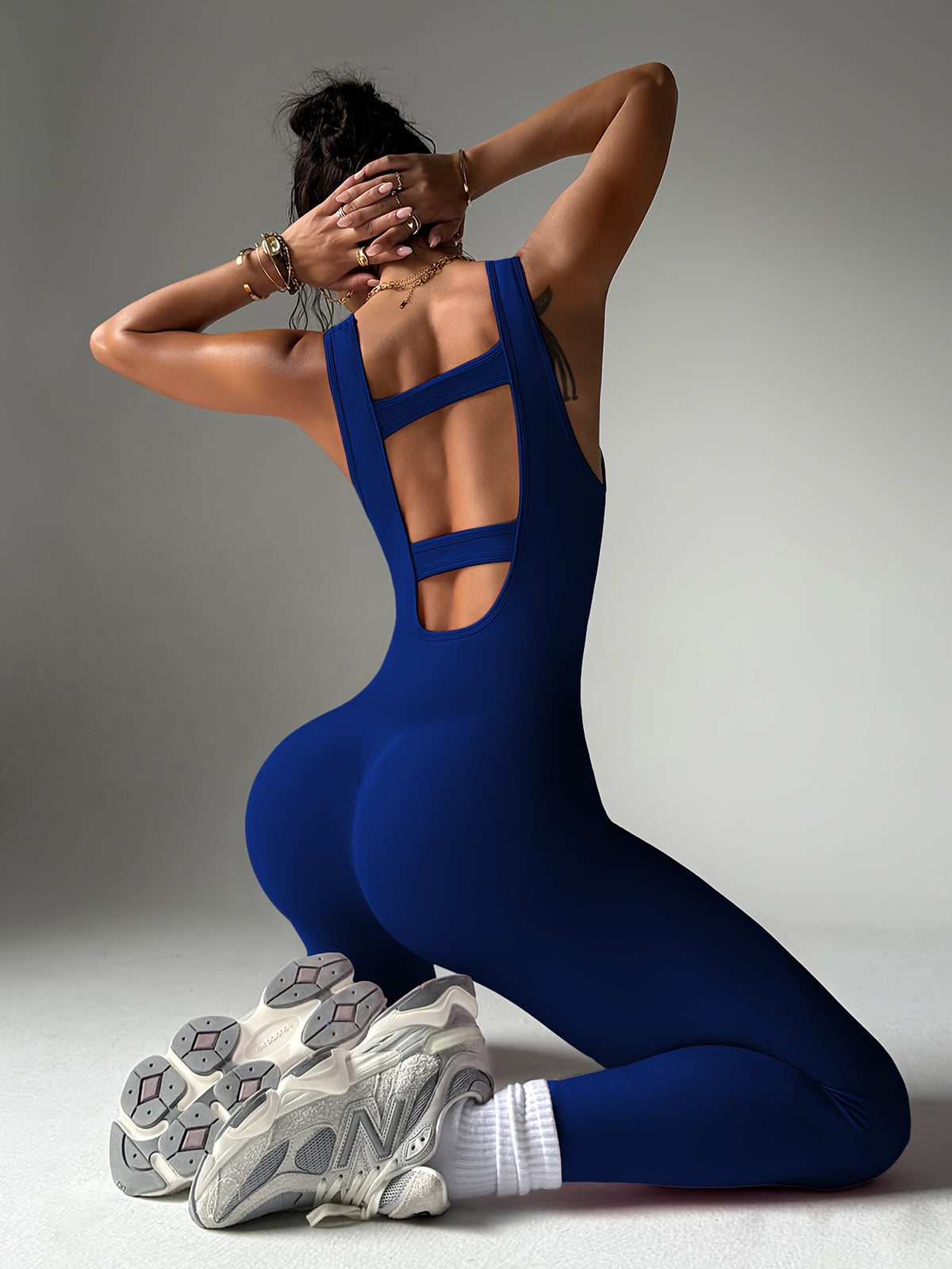 Open Back Square Neck Jumpsuit - Purplish Blue