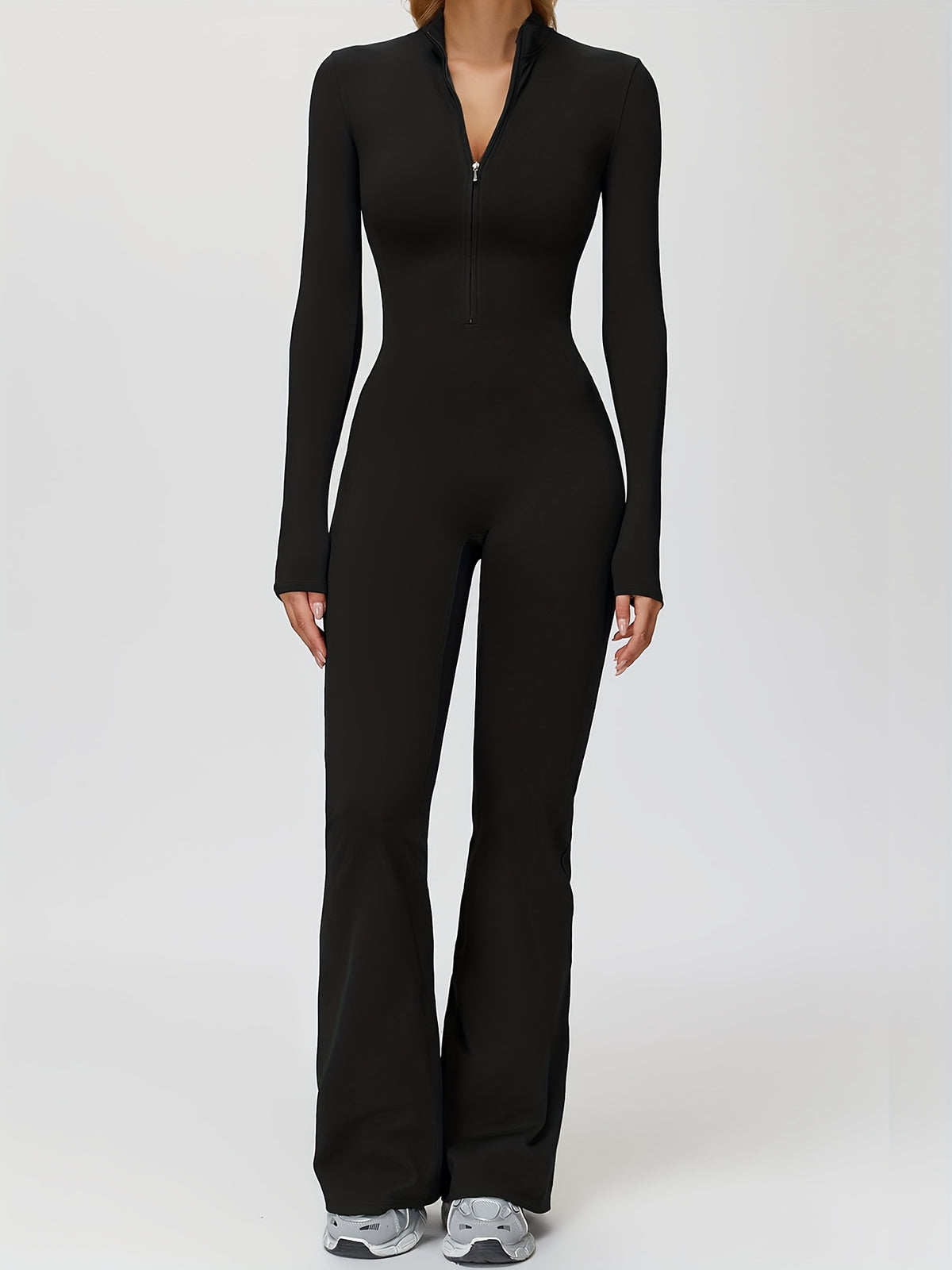 Long Sleeve Zip Flared Jumpsuit - Black