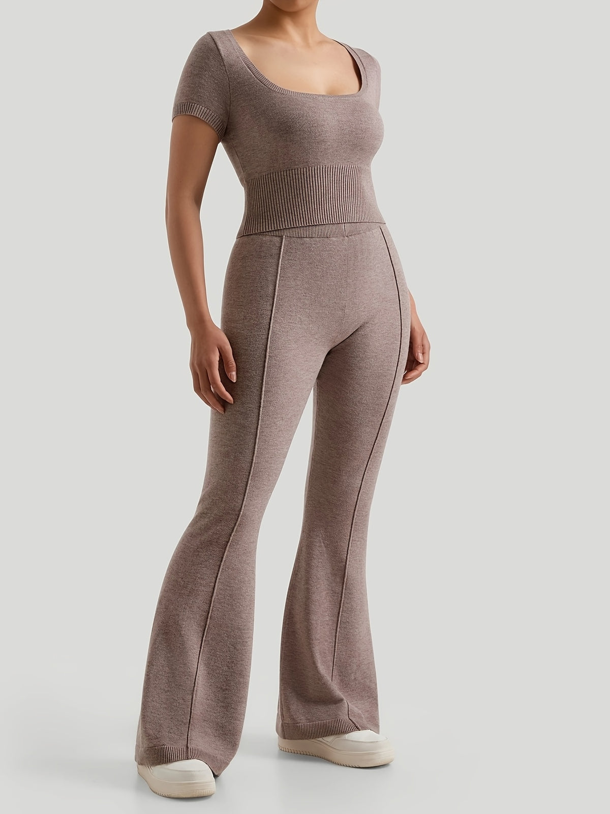 Seamless Square Neck Tee & Wide Leg Set - Rose Brown