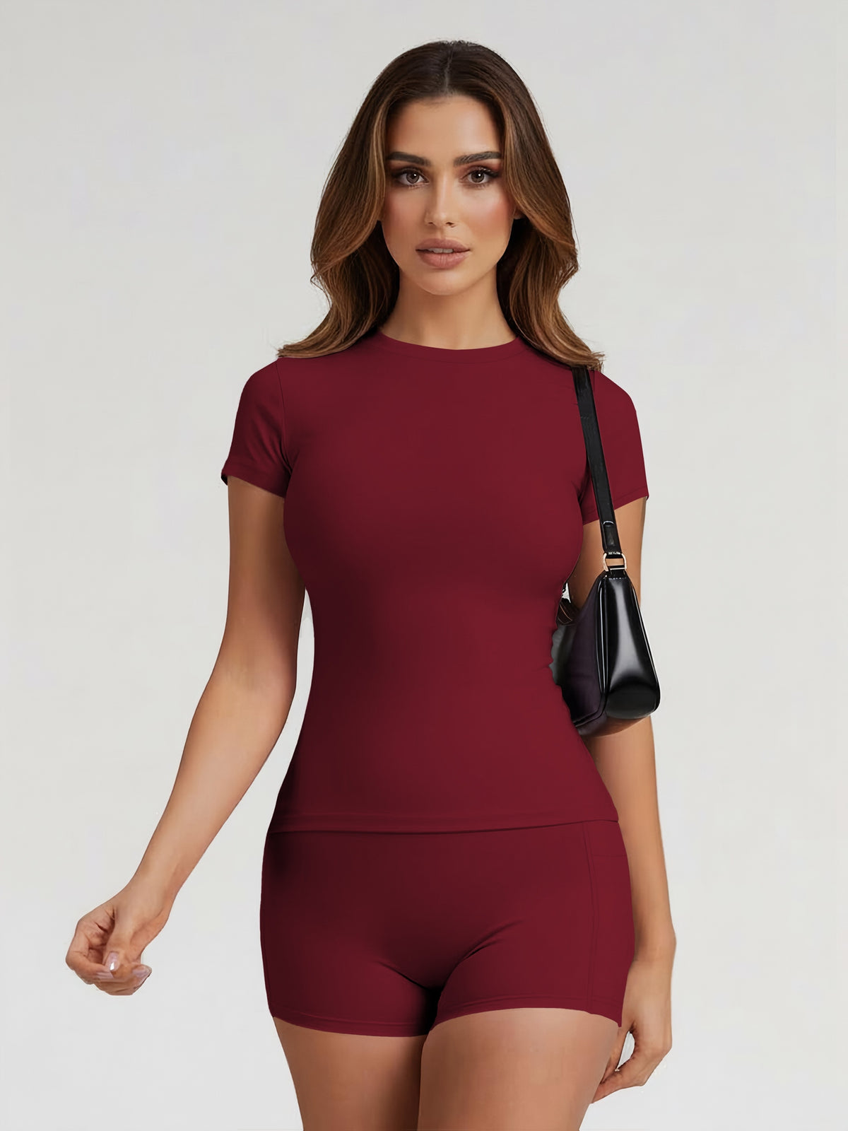 Tummy Control Top & Pocket Shorts Set - Cherry Red