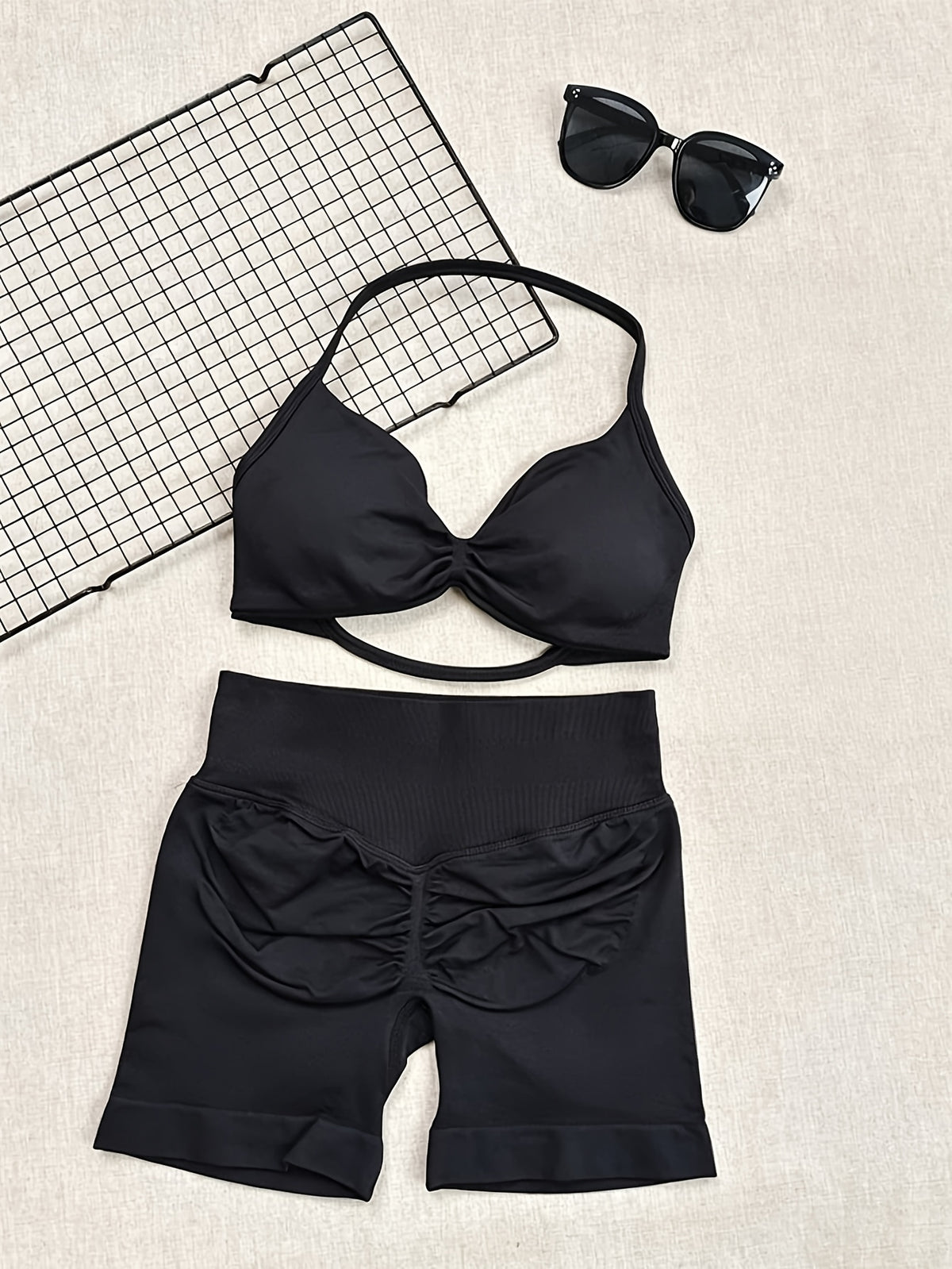 Halter Neck Bra & Hip Lift Shorts Set - Black