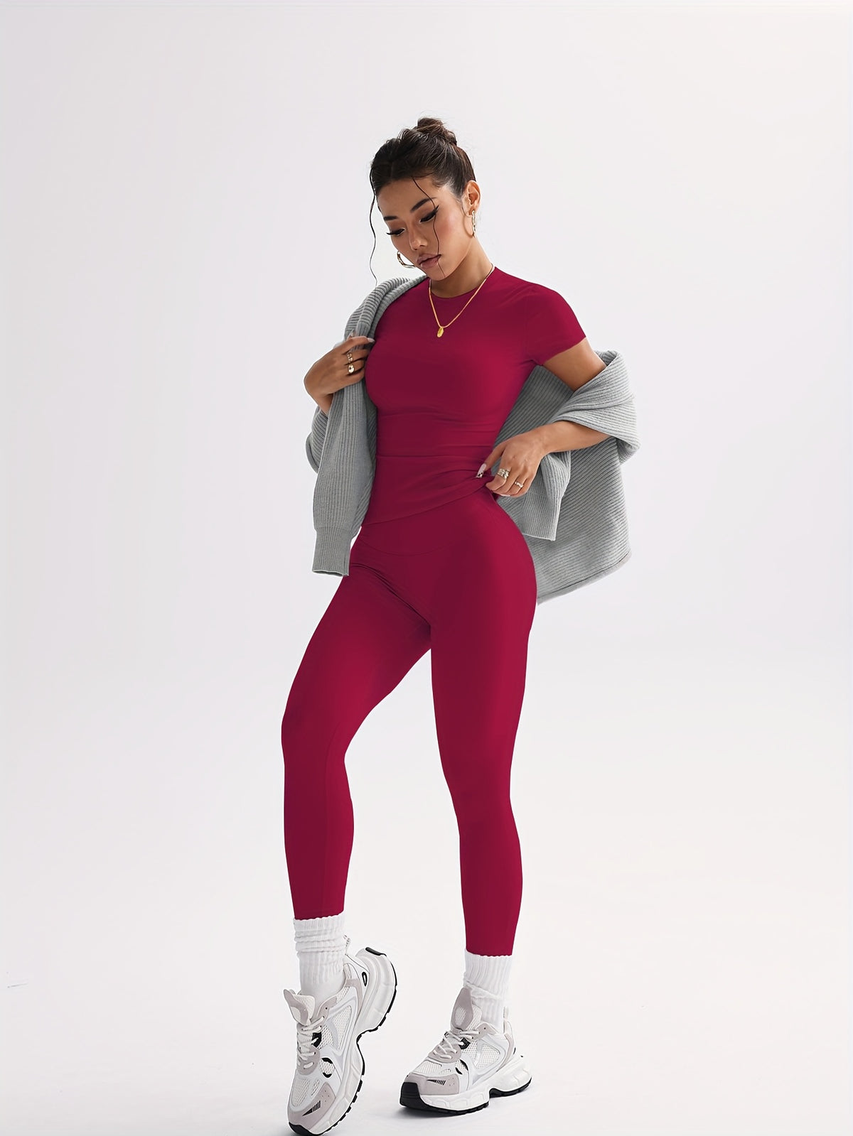 Cropped Tee & Leggings Set - Red