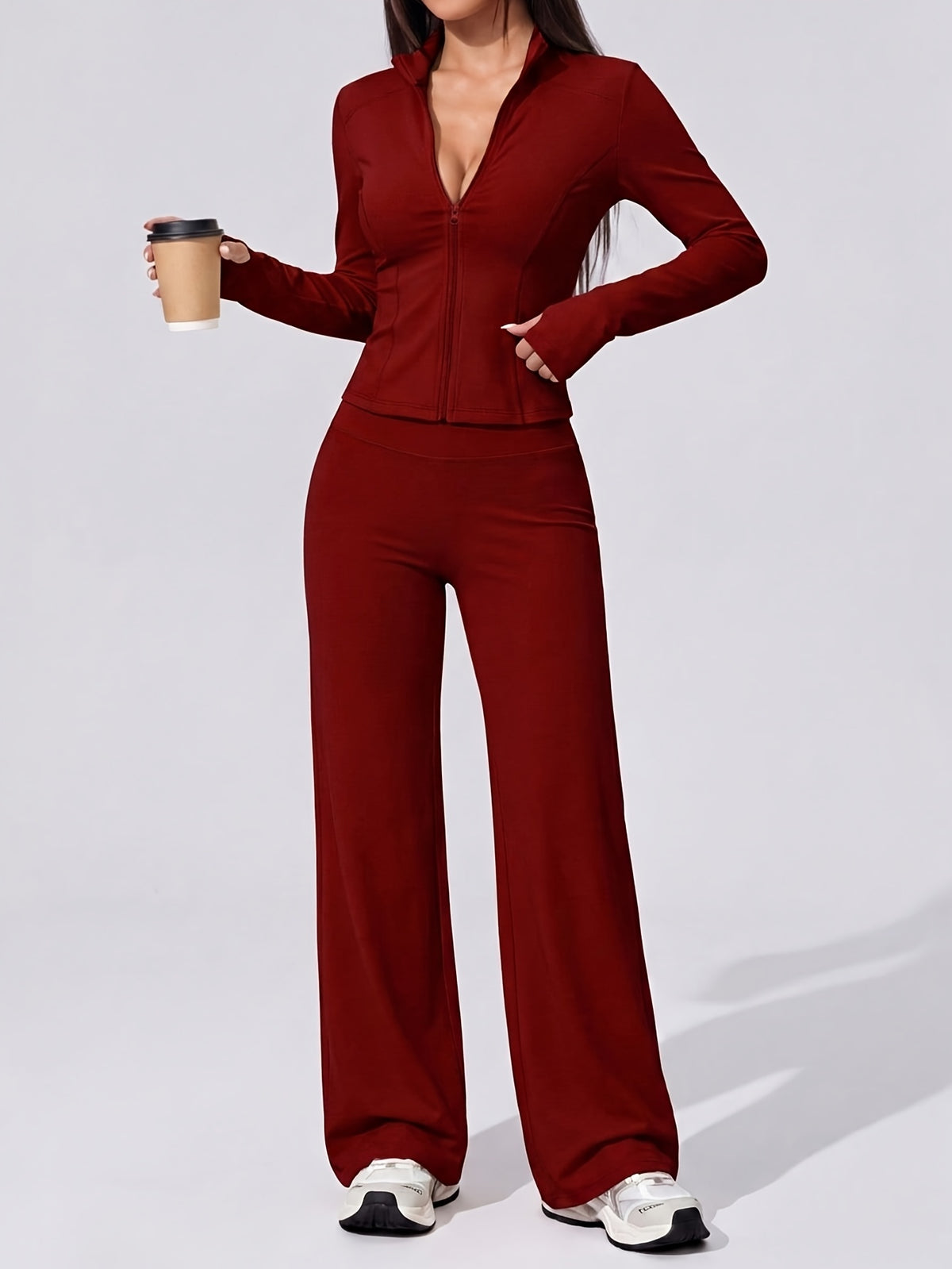 Waist Cinch Zip Jacket & Flare Pants Set - Burgundy