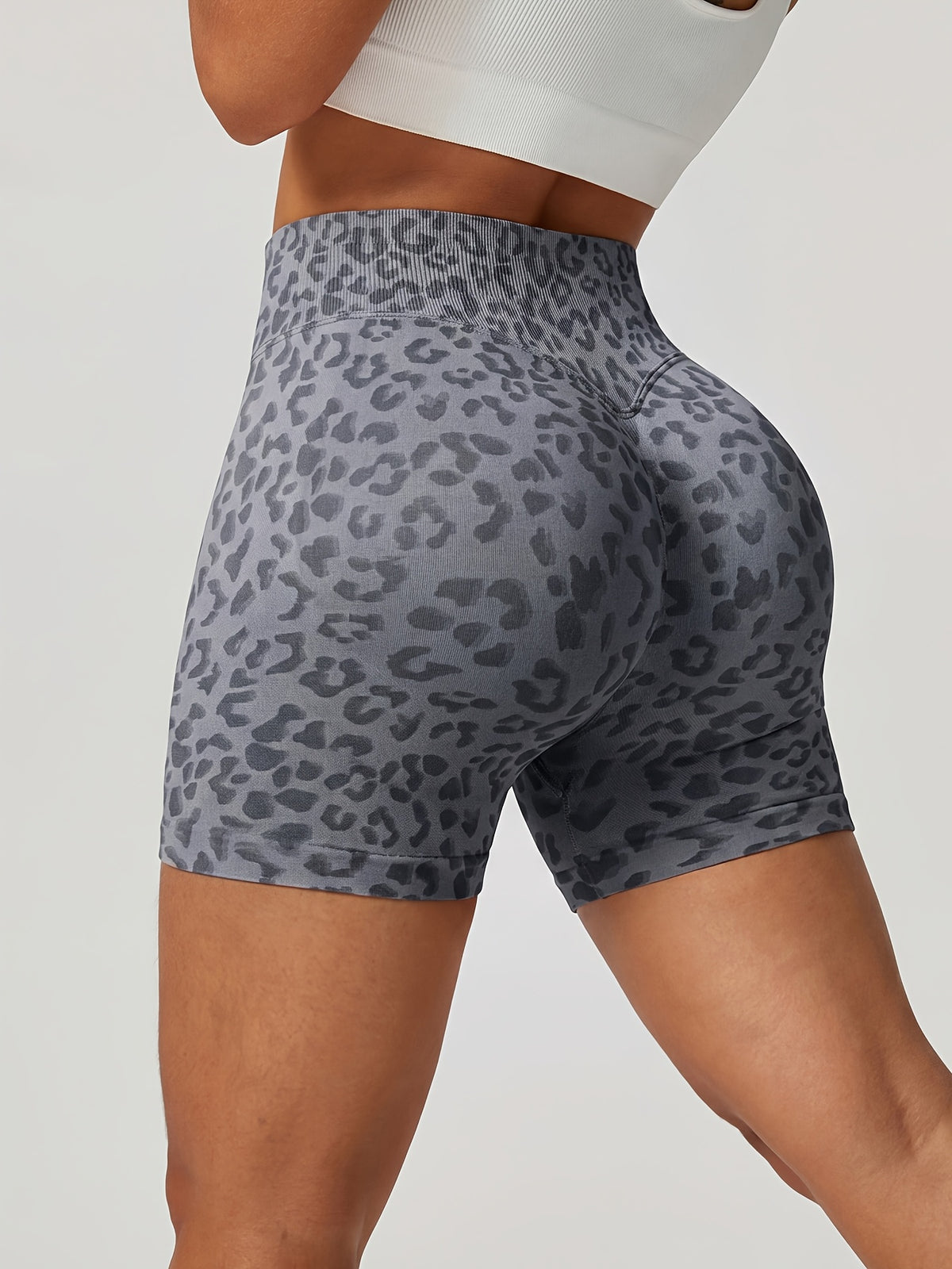 Leopard Seamless Ribbed Biker Shorts - Grey