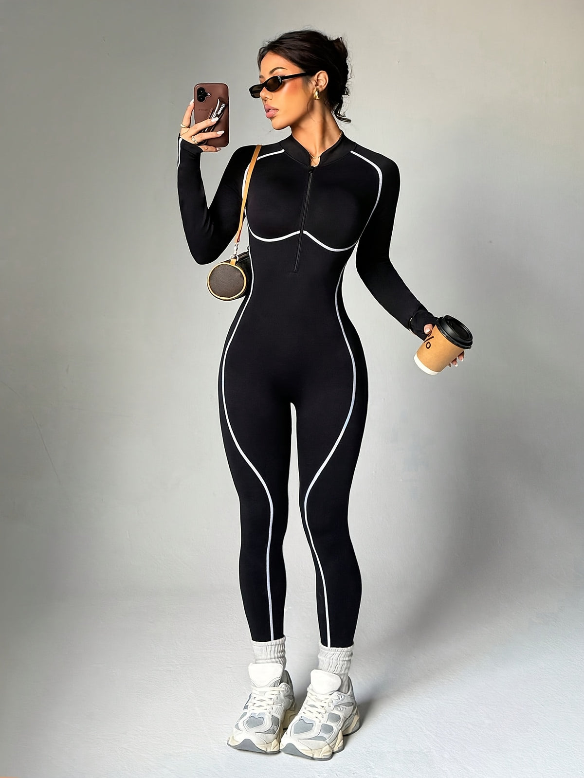 Contrast Piping Zip Jumpsuit - Black