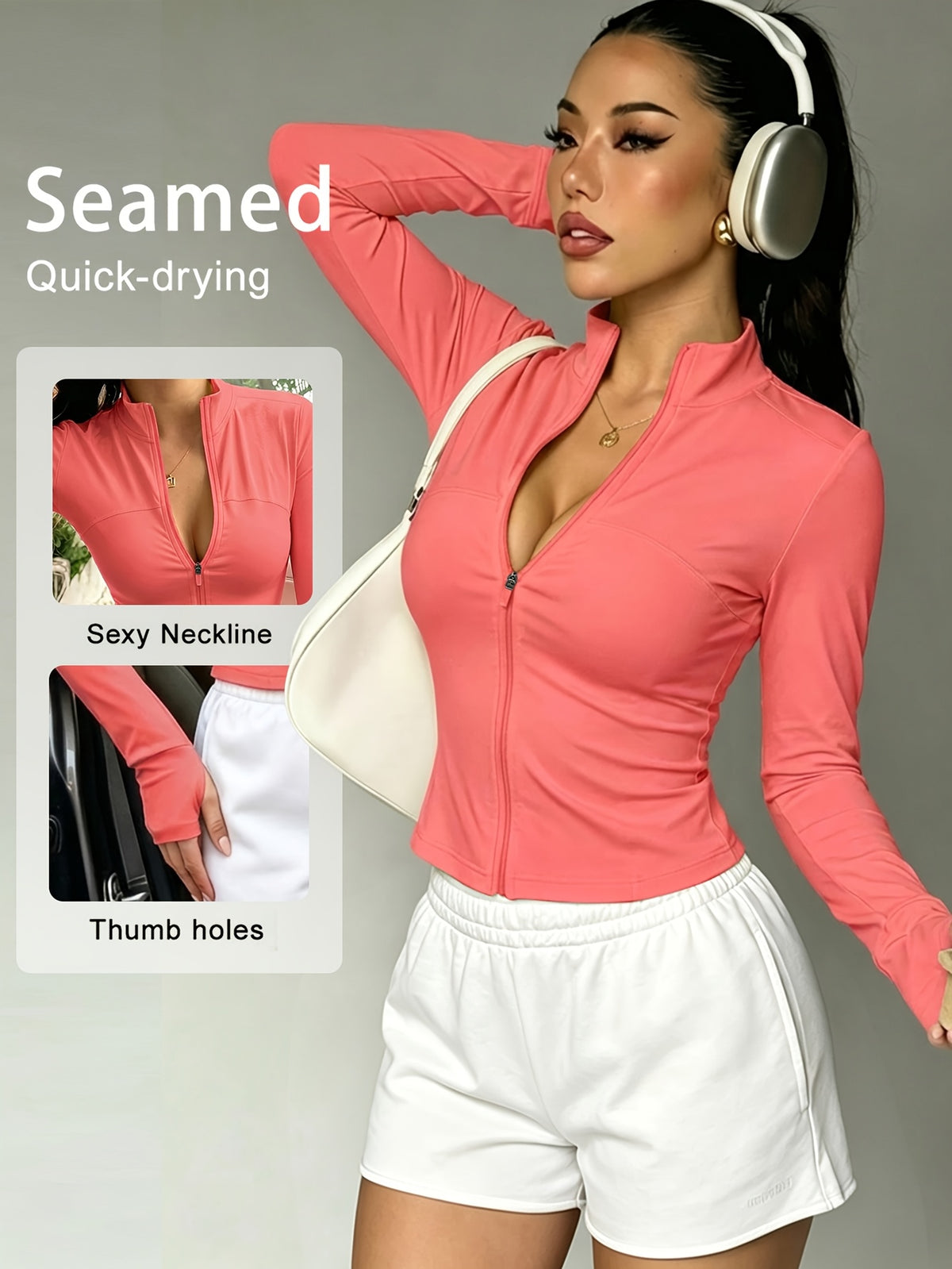 Slim Fit Stand Collar Zip Jacket - Coral