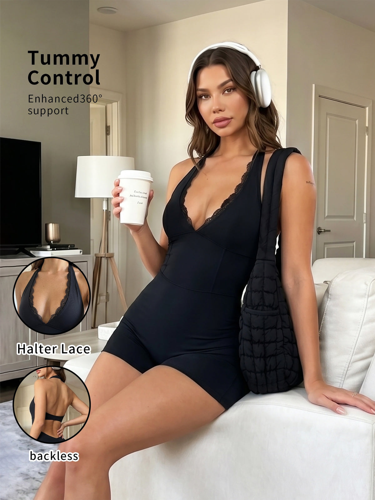 Lace Halter Deep V Romper - Black