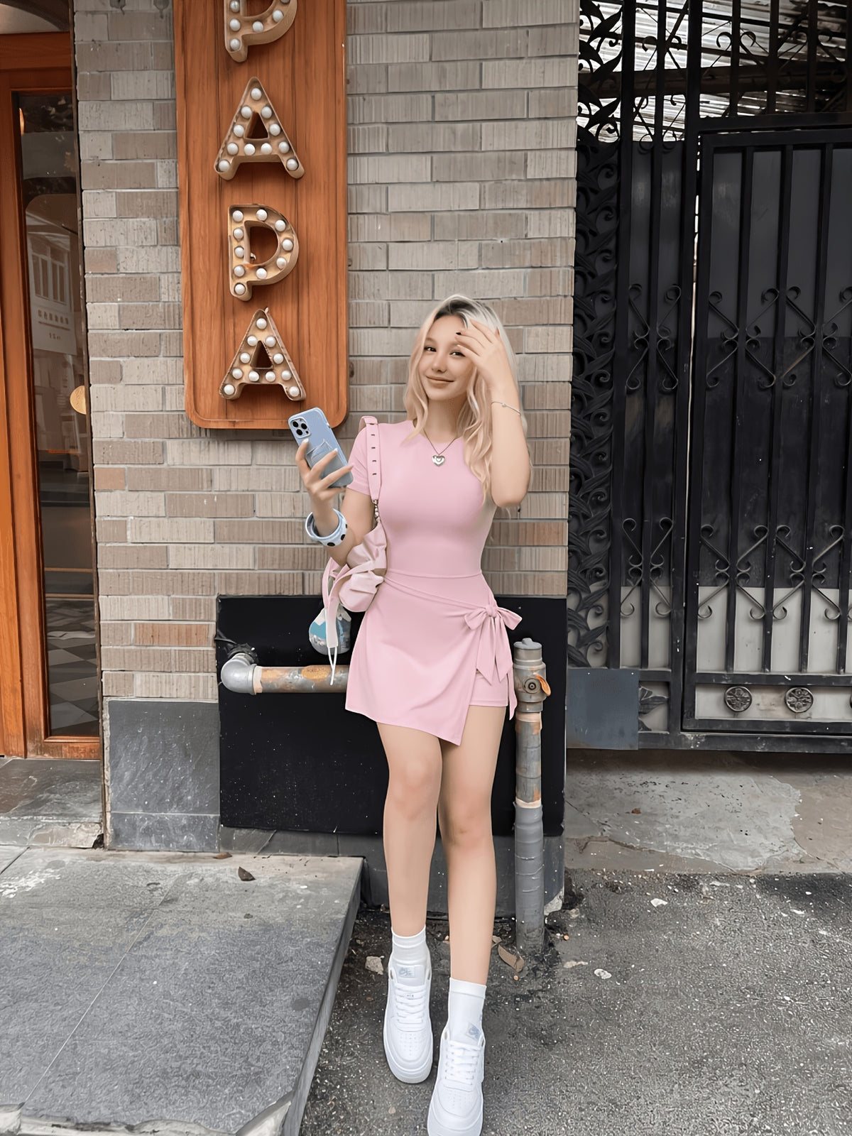 Bow Front Short Sleeve Dress - Pink