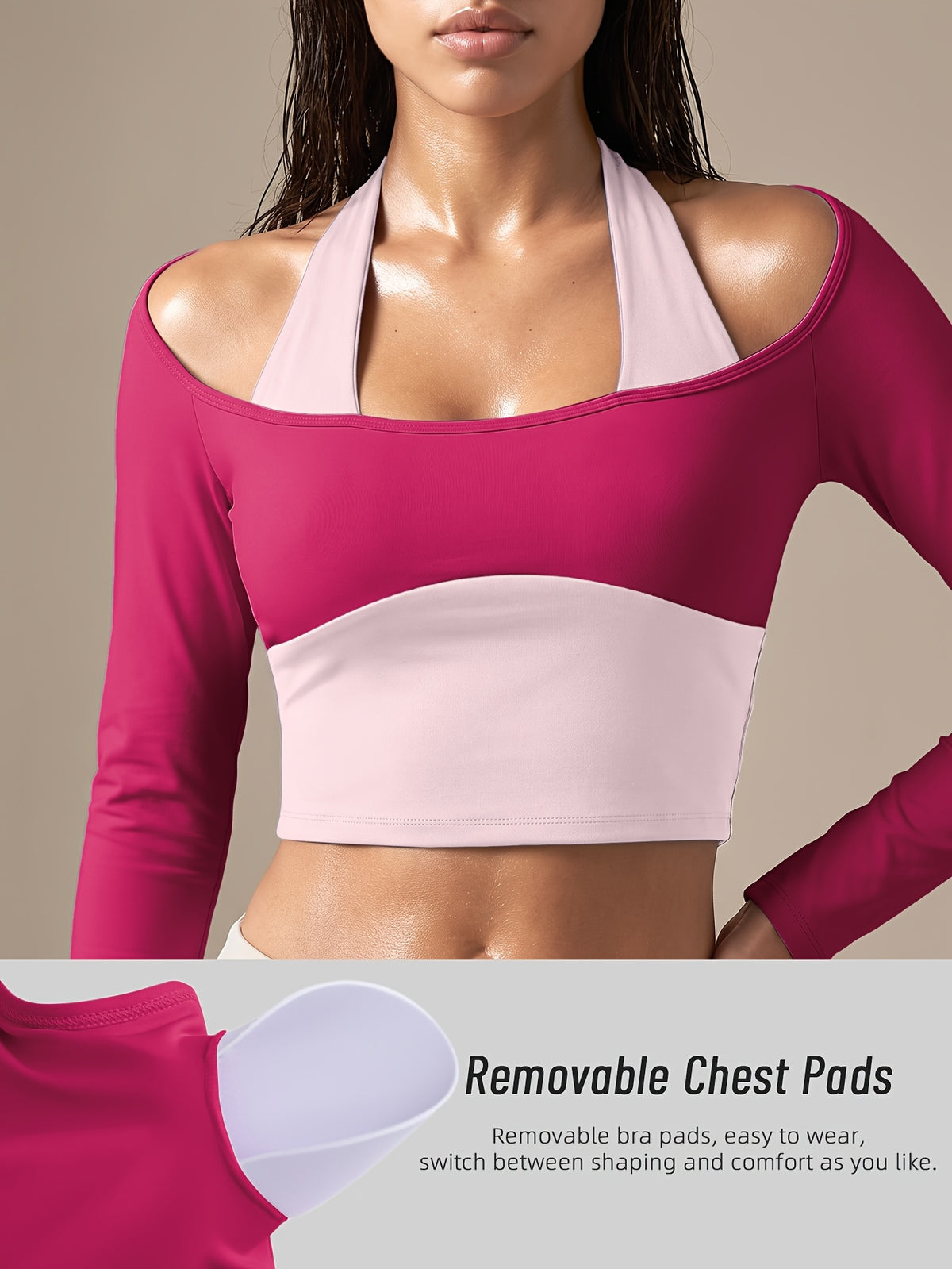Faux Two-Piece Halter Color Block Top - Rose