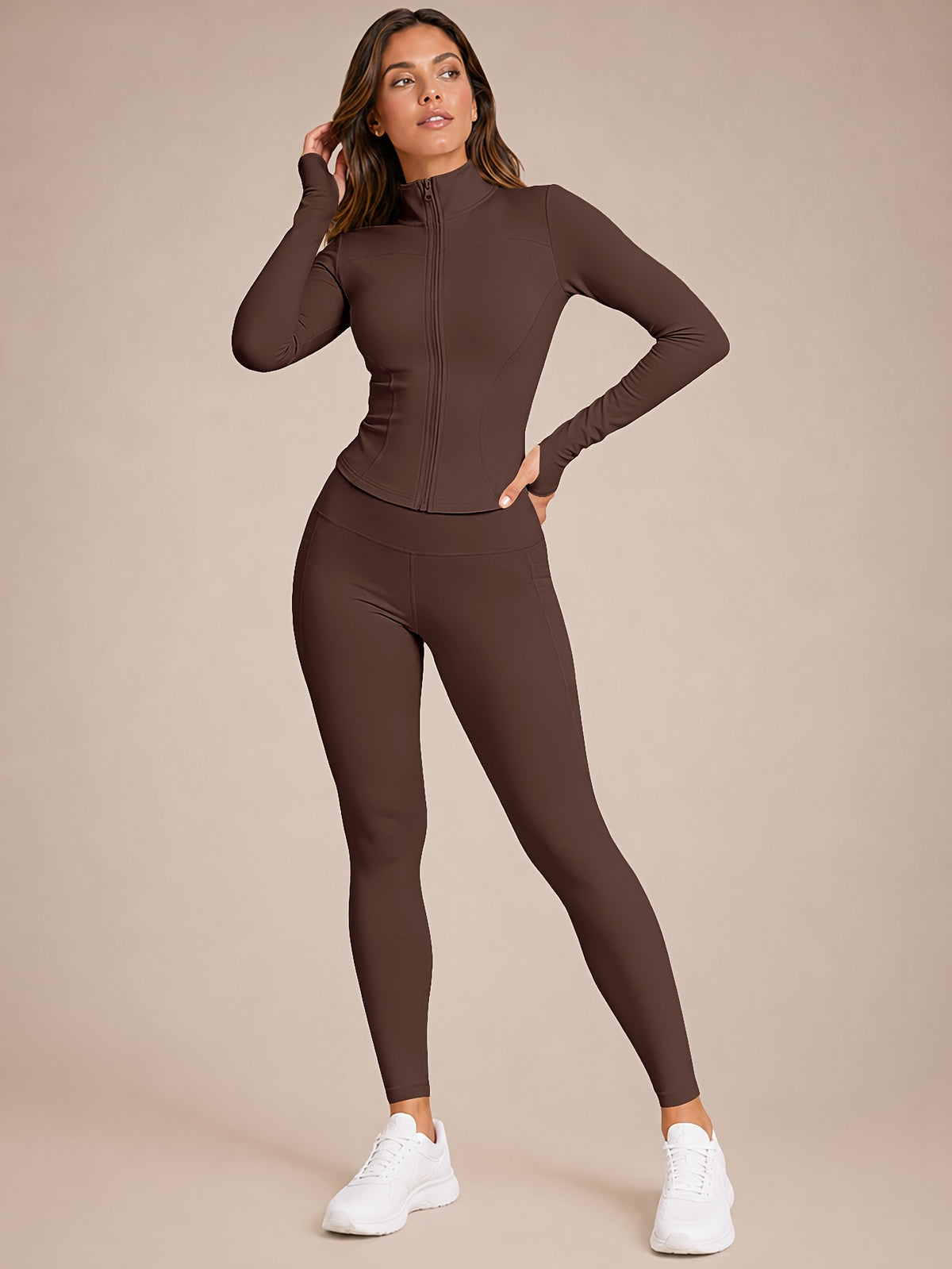 Stand Collar Jacket & Leggings Set - Brown