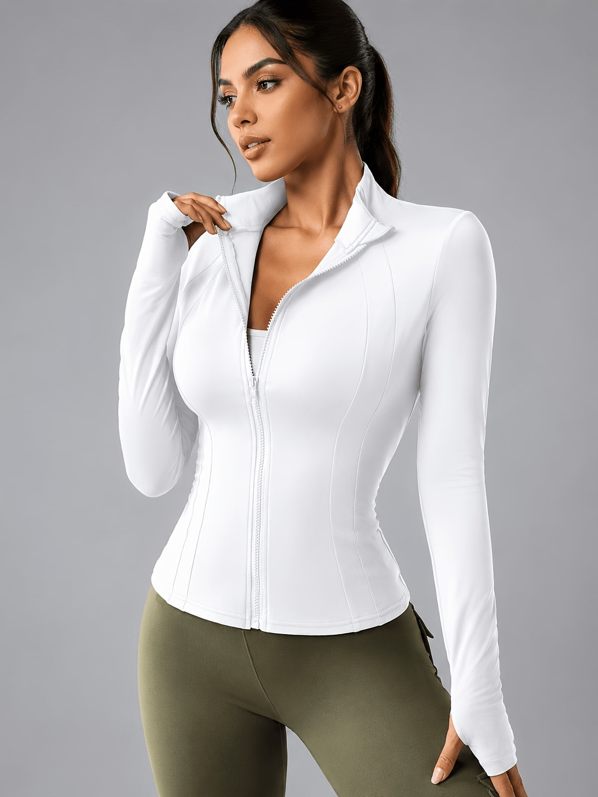 Thumbhole Stand Collar Full Zip Jacket - White