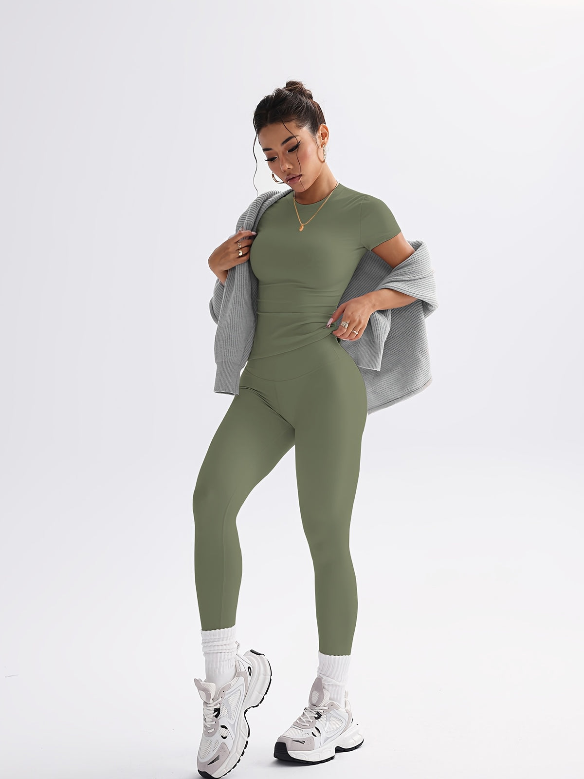 Cropped Tee & Leggings Set - Dark Green
