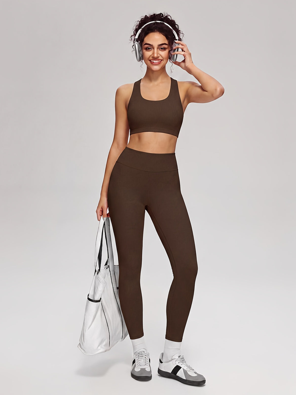 Vest Bra & High Waist Leggings Set - Dark Brown