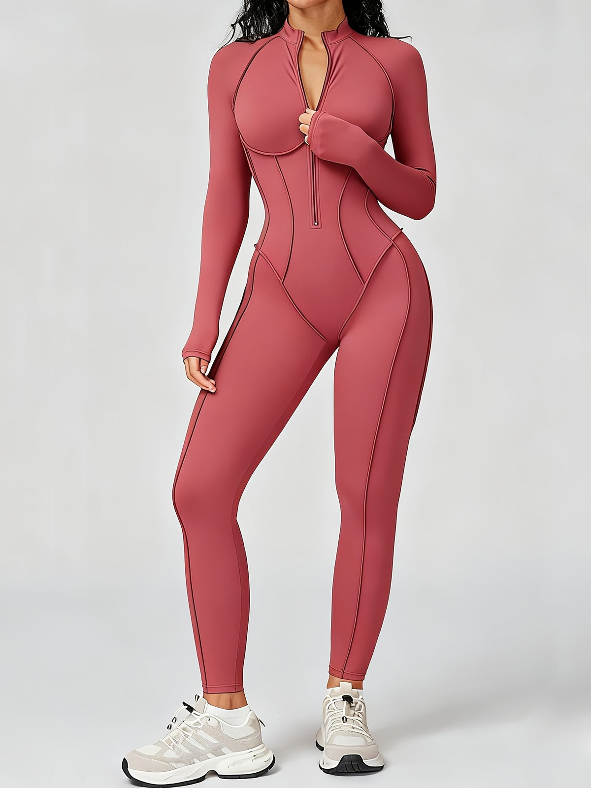 Half Zip Long Sleeve Jumpsuit - Red Bean