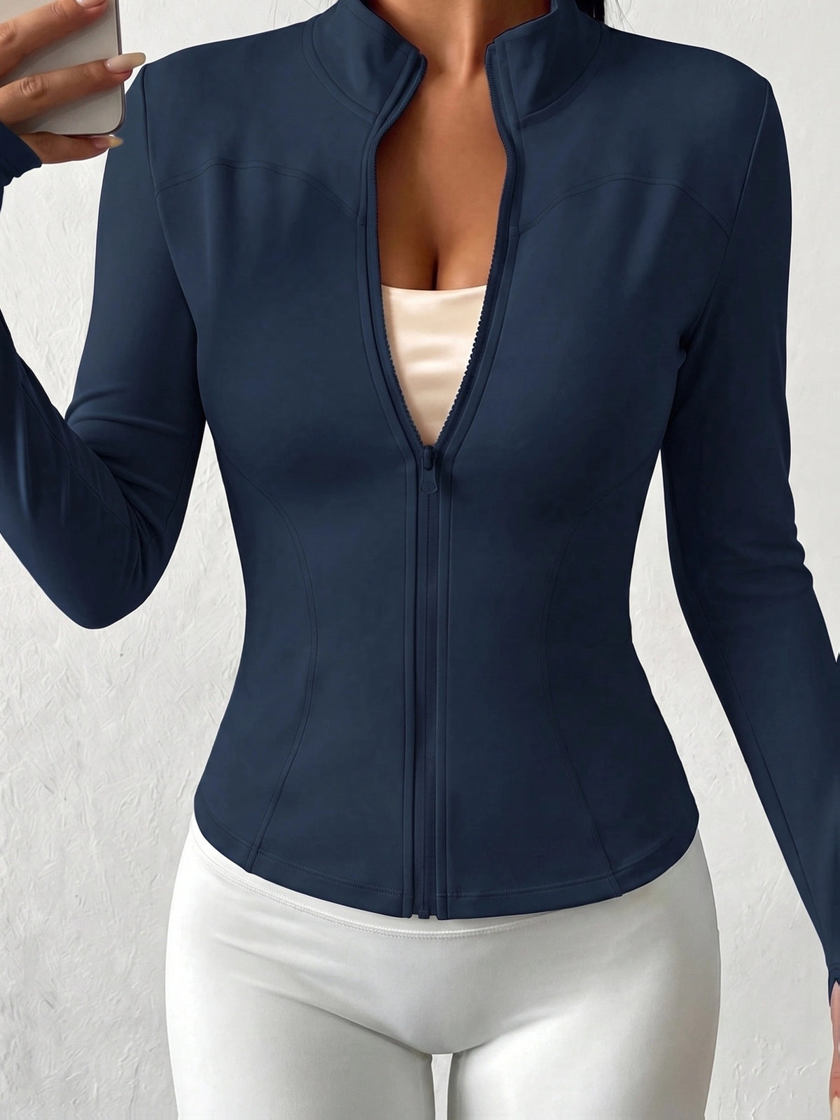High Neck Thumbhole Zip Jacket - Navy