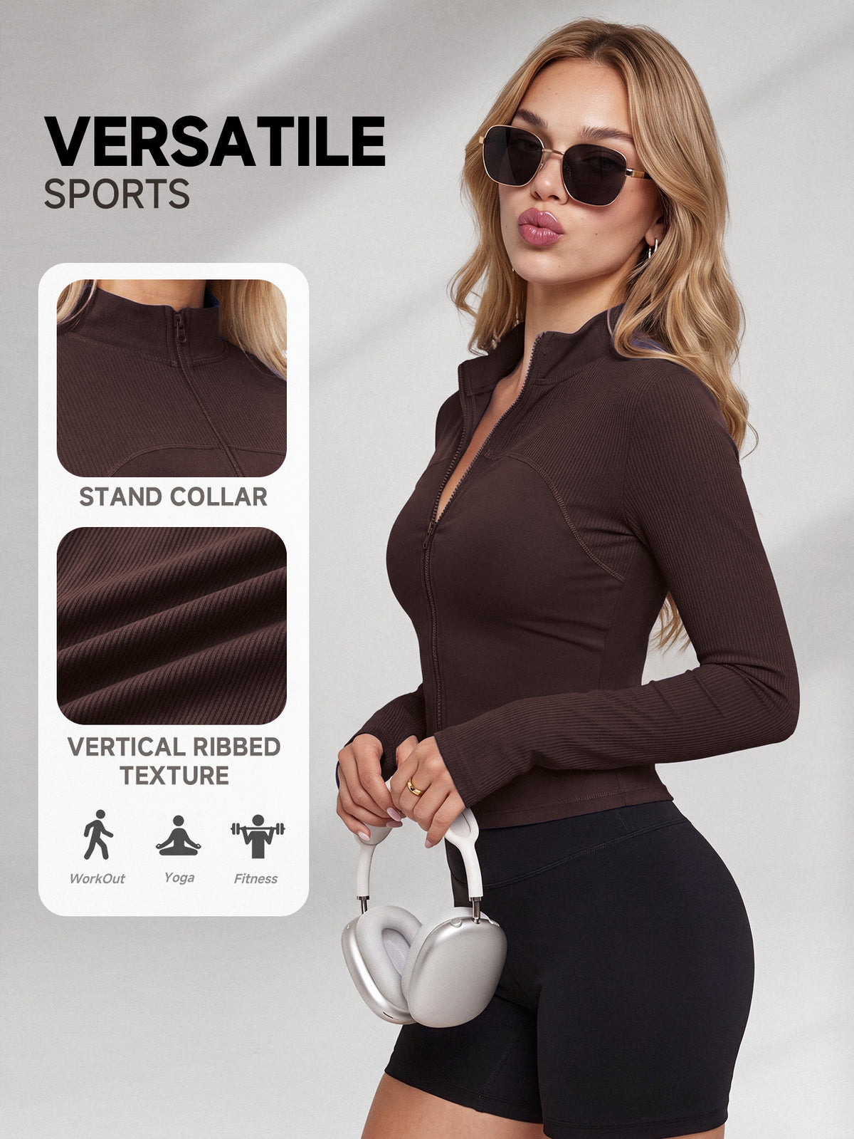 Thumbhole Cuff Zip Jacket - Coffee