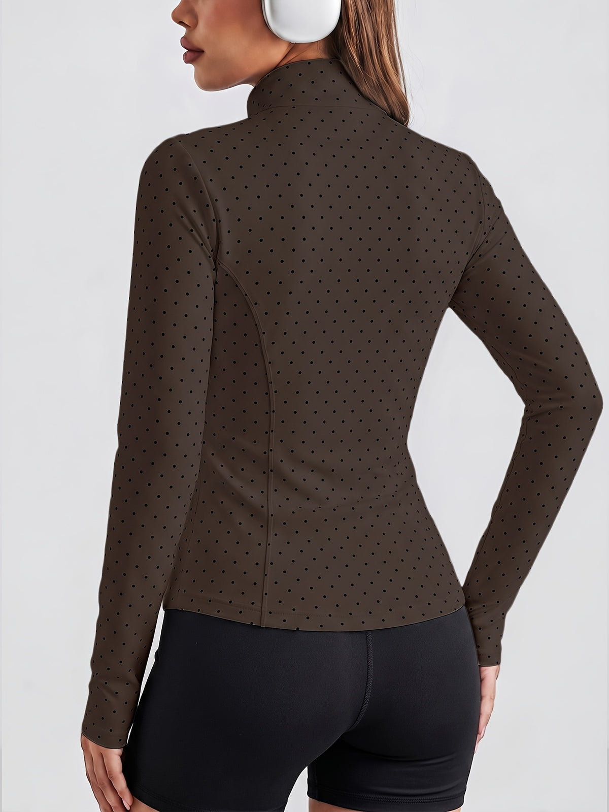 Pin Dot Stand Collar Zip Jacket - Coffee