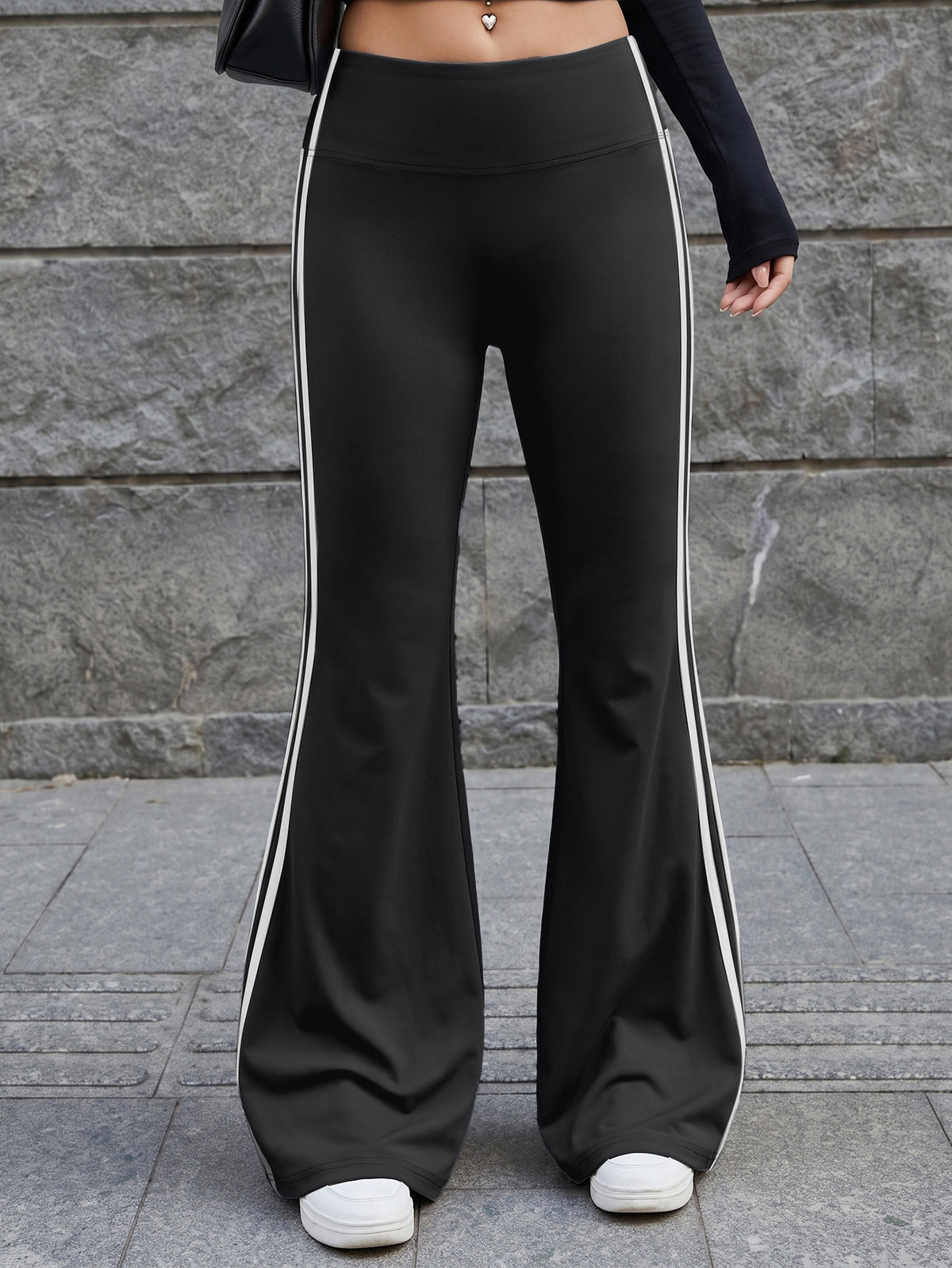Vertical Stripe High Waist Flare Pants - Black