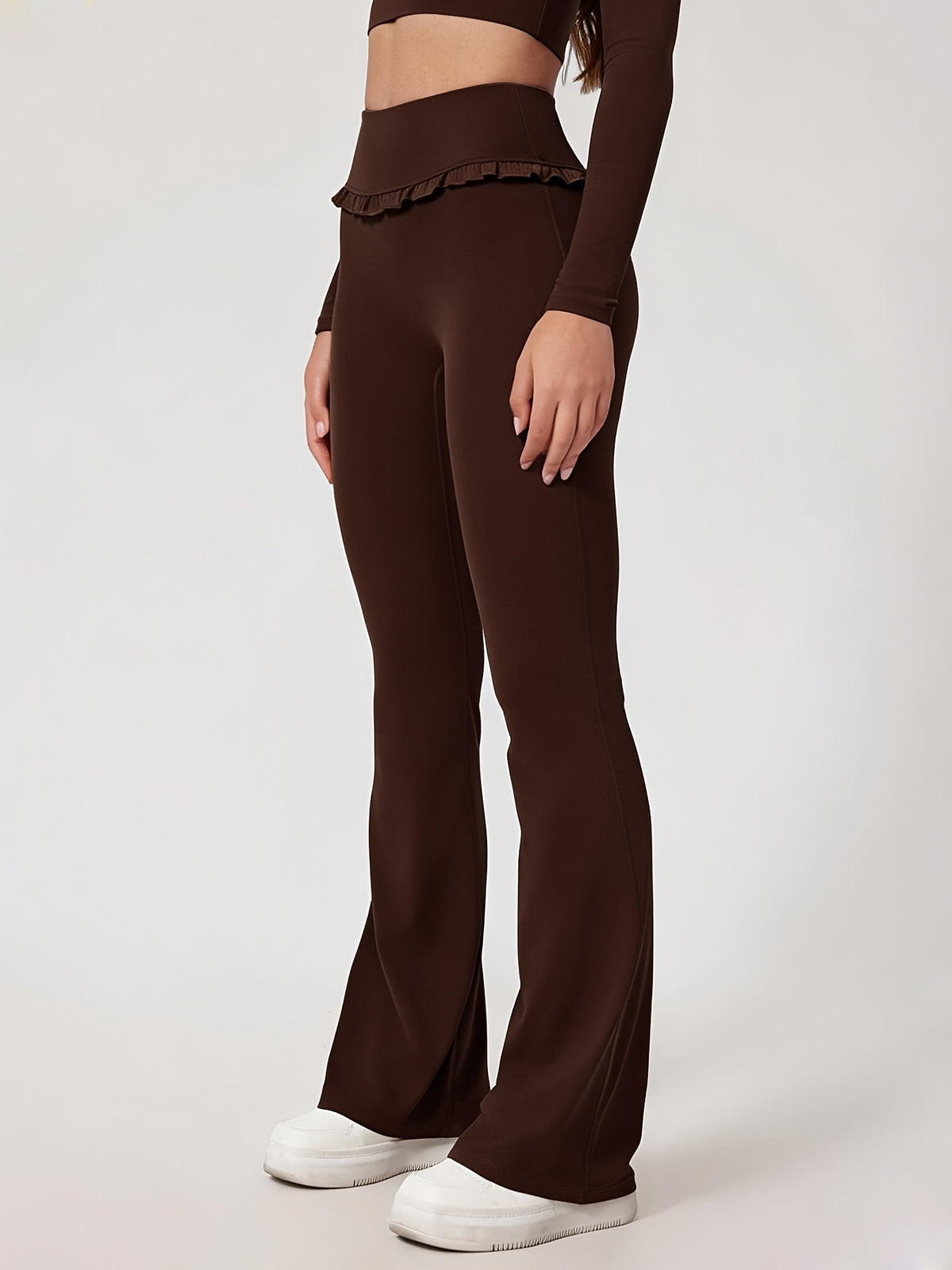 Lace Trim Flare Leggings - Coffee