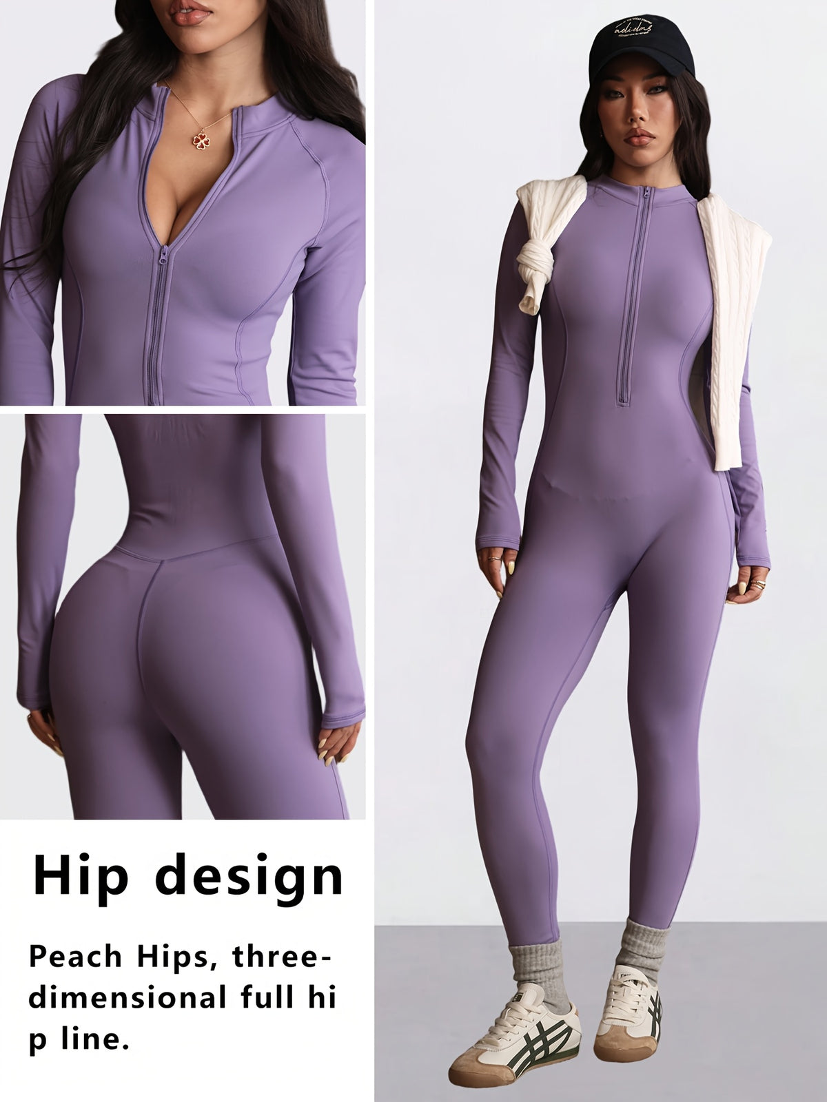 Zip Up Long Sleeve Jumpsuit - Purple