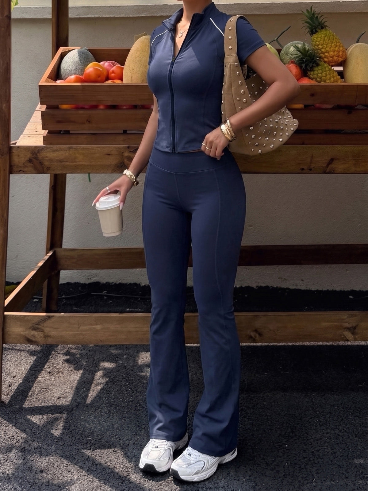 Zipper Jacket & Wide Leg Trousers Set - Navy