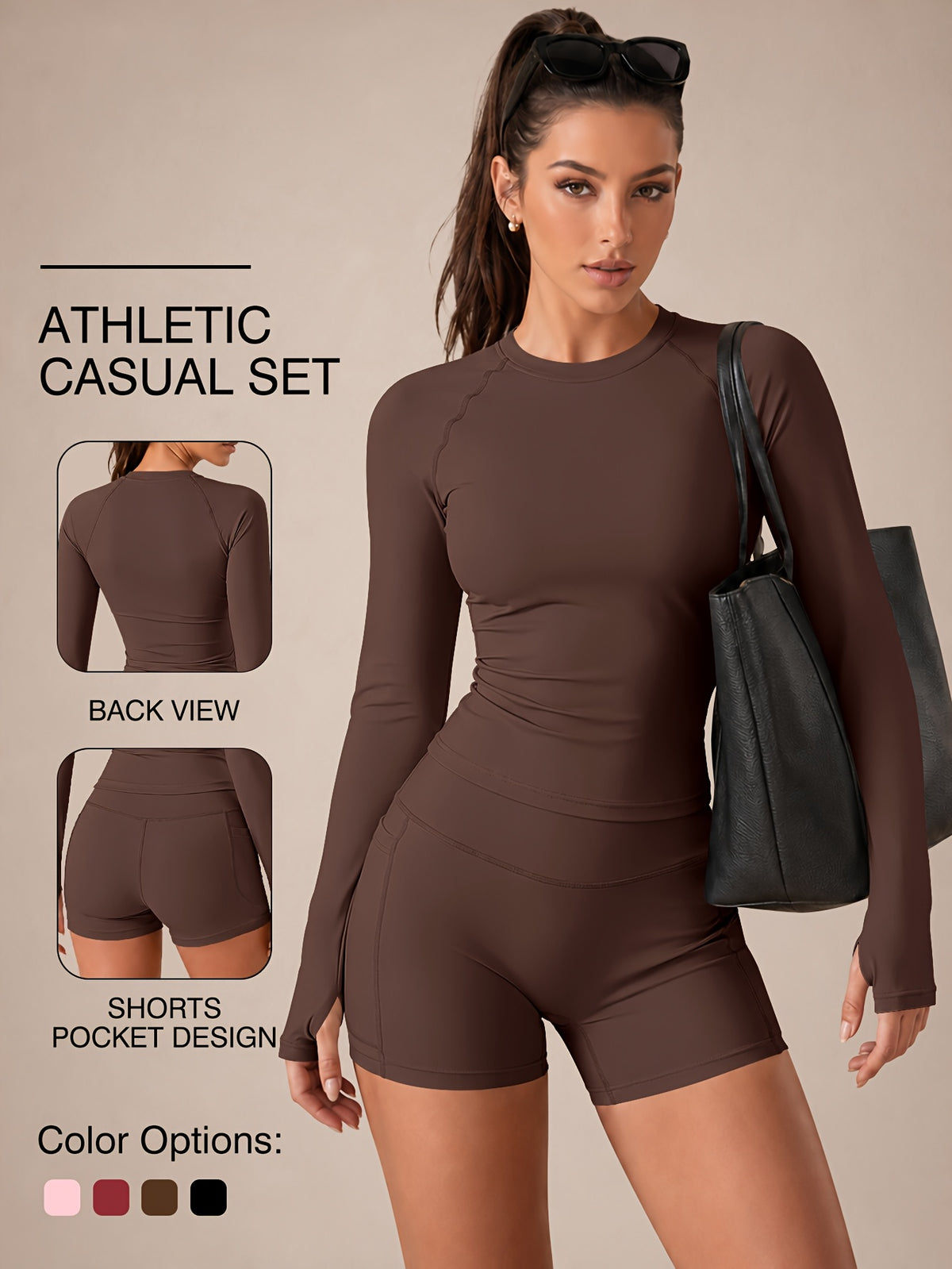Raglan Thumbhole Top & Pocket Shorts Set - Brown
