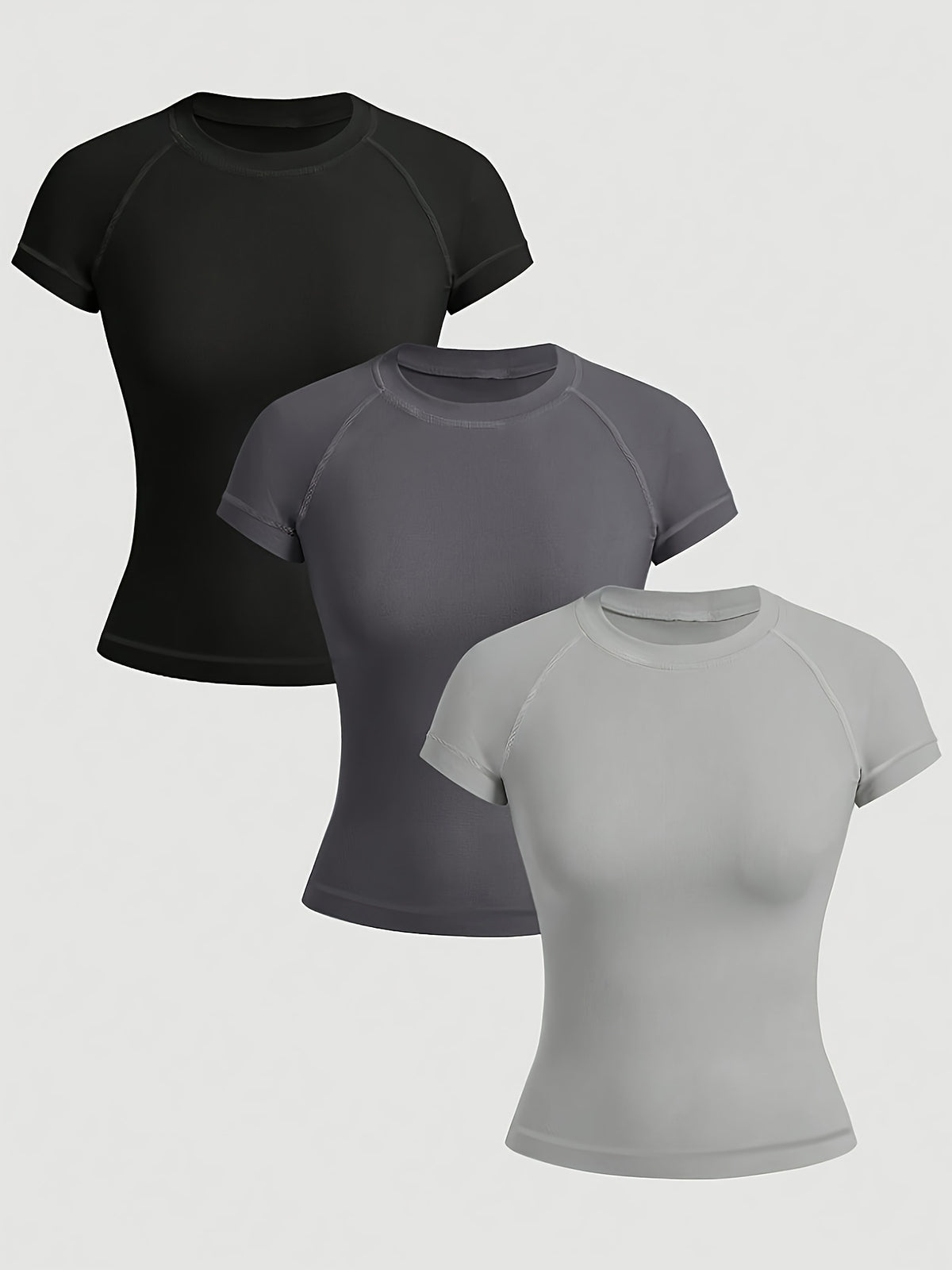 3 Pack Solid Fitted Athletic Tees - Black, Dark Gray & Light Gray