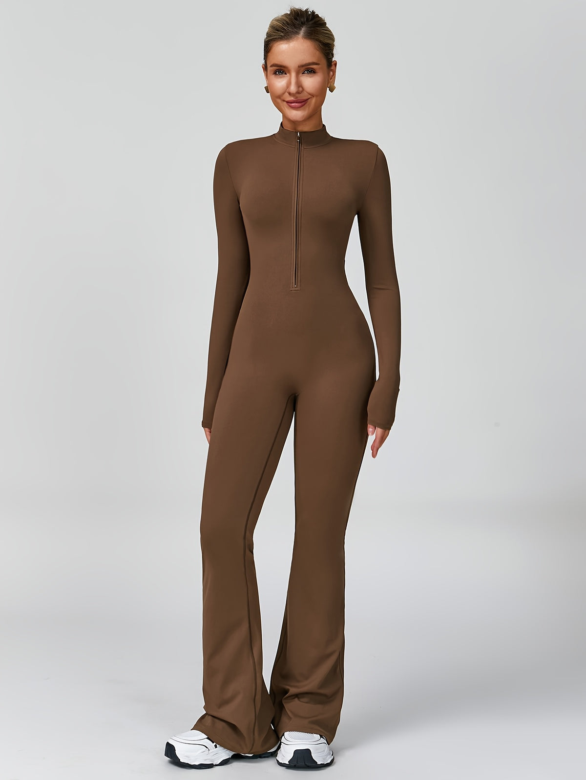 Long Sleeve Zip Flare Jumpsuit - Dark Brown