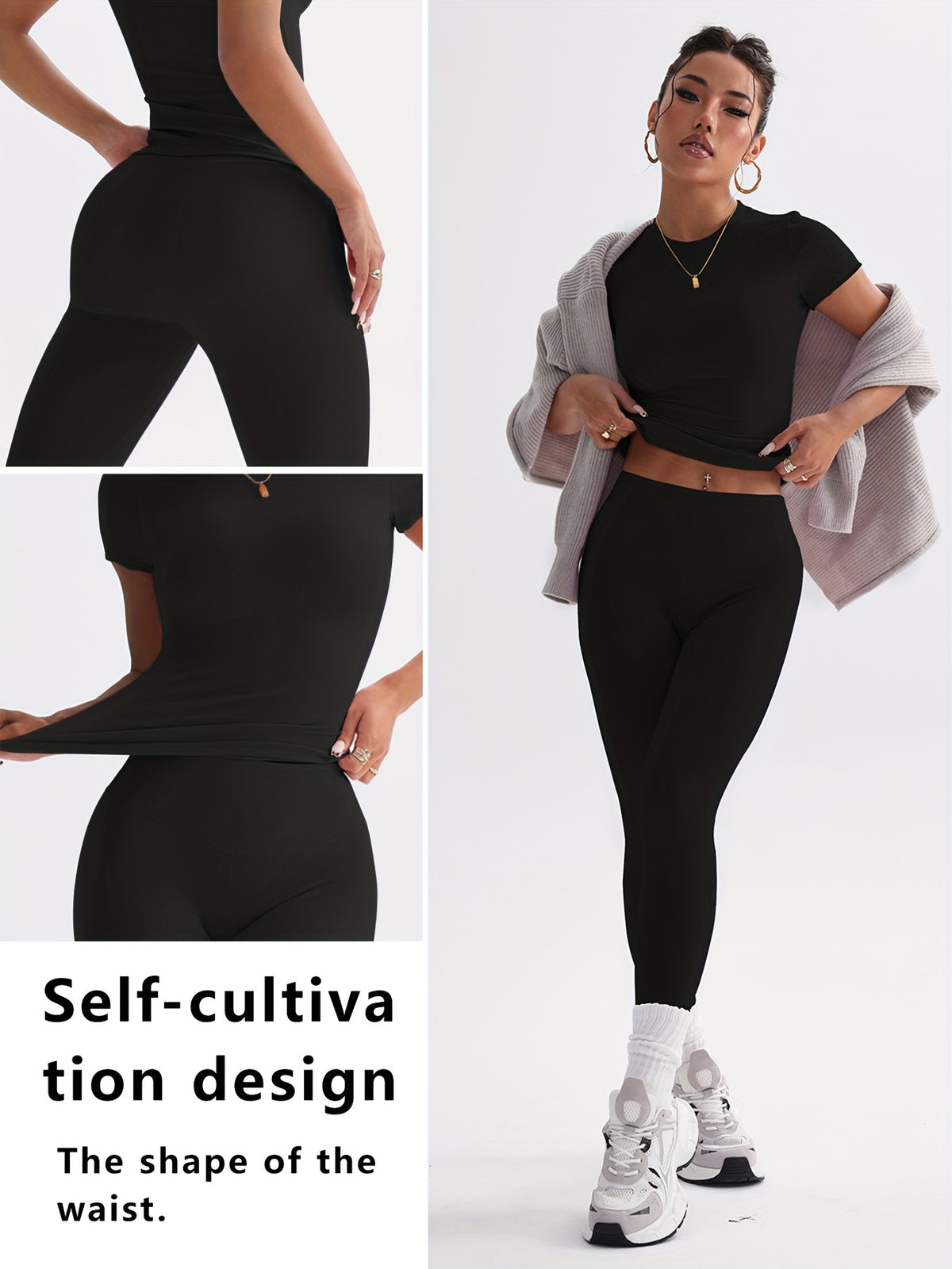 Cropped Tee & Leggings Set - Black