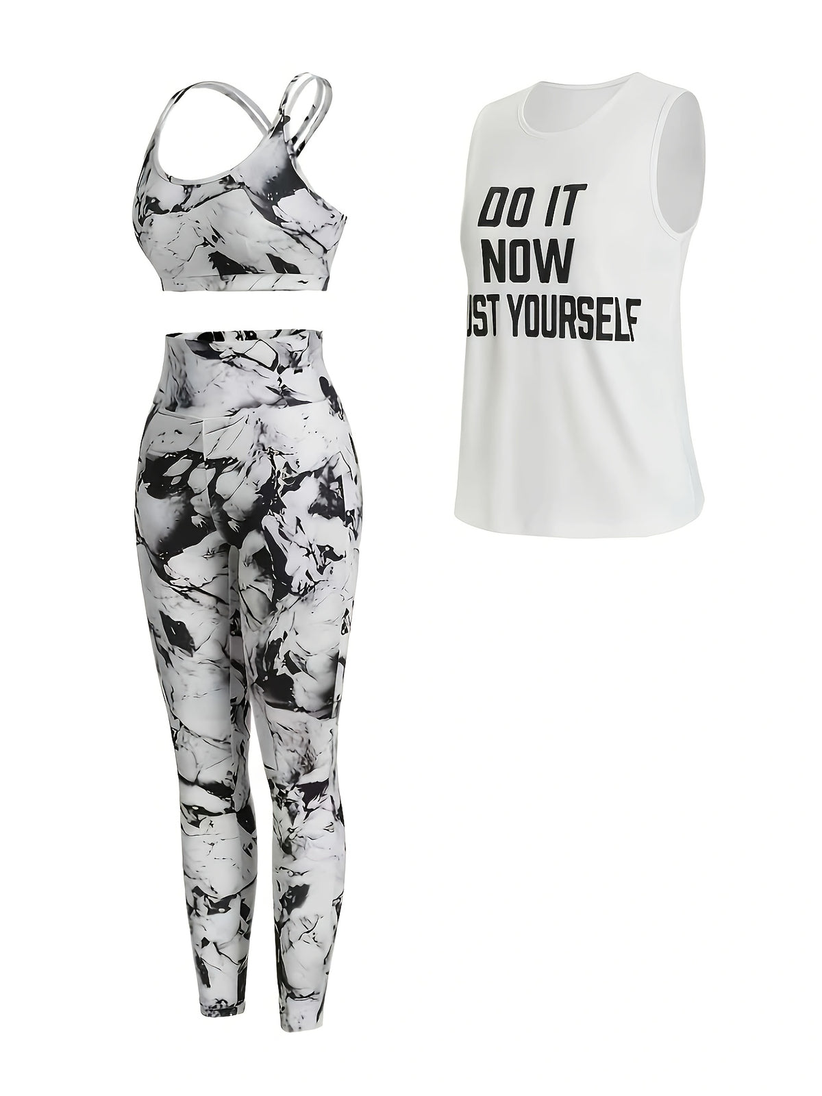 Letter Print Tank, Bra & Shorts 3 Piece Set - White & Grey
