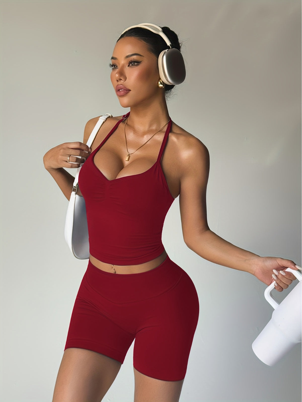 Halter Open Back Vest & Shorts Set - Angola Red