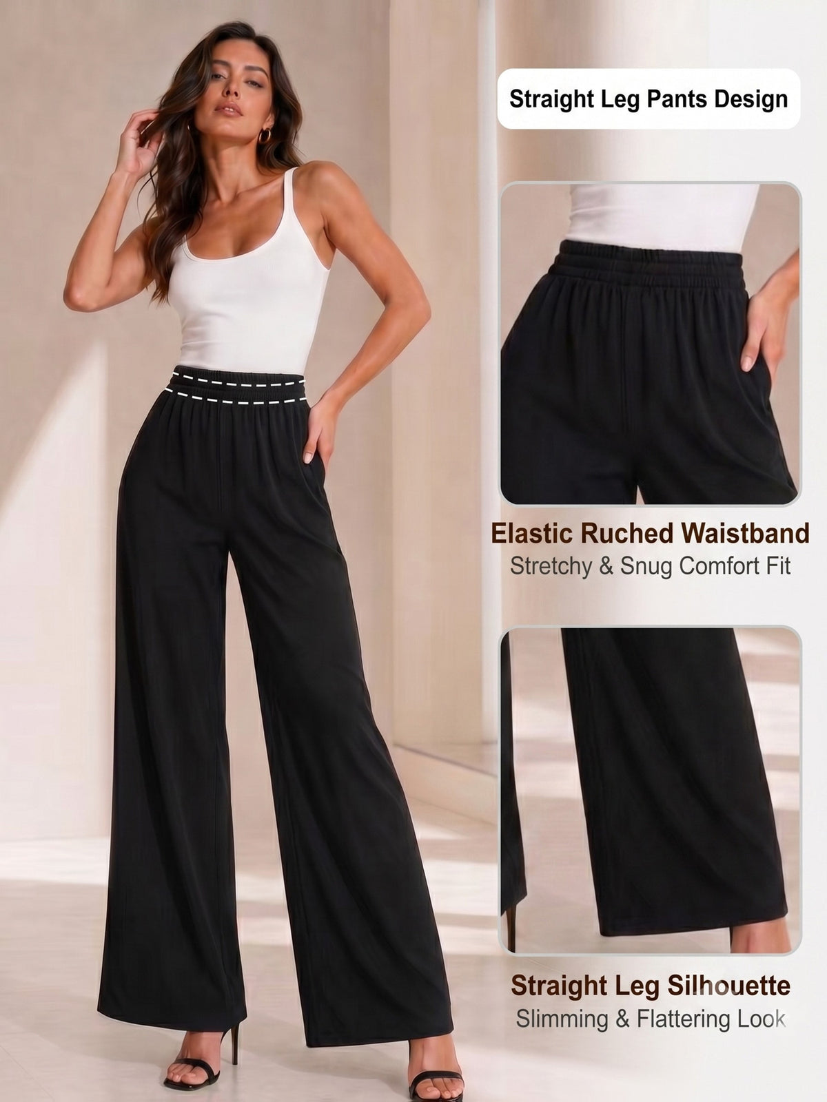 Ruched High Waist Wide Leg Pants - Black