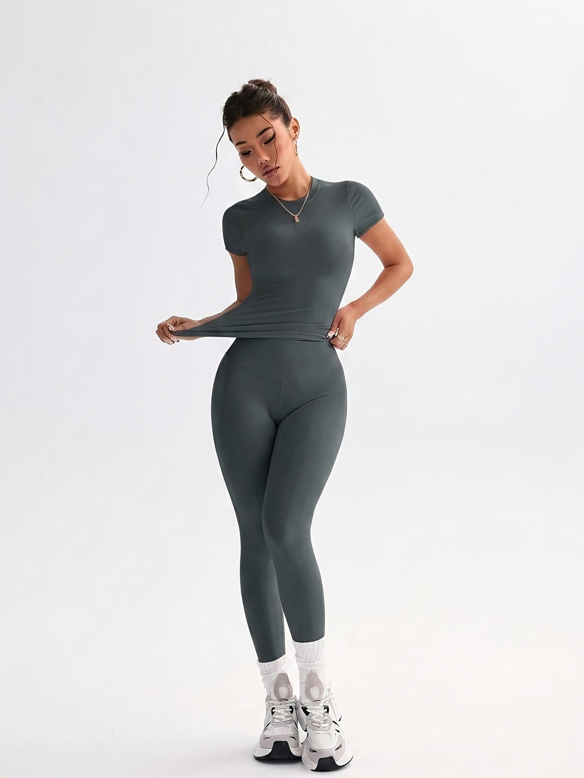 Cropped Tee & Leggings Set - Slate Grey