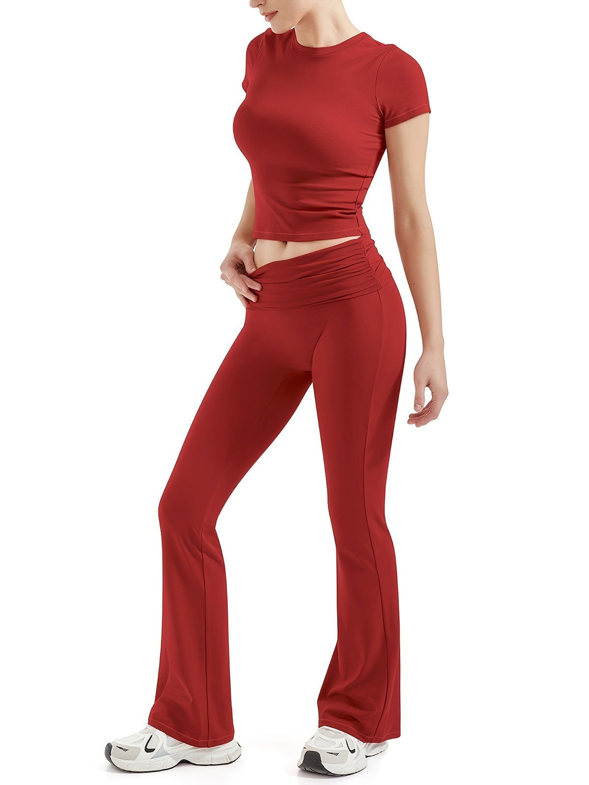 Short Sleeve Crop Top & Wide Leg Pilates Set - Red