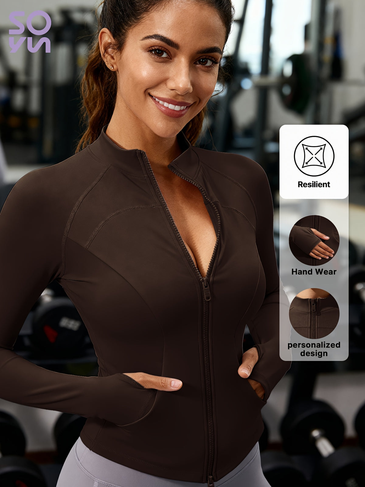 Pocket Solid Running Sports Jacket - Coffee