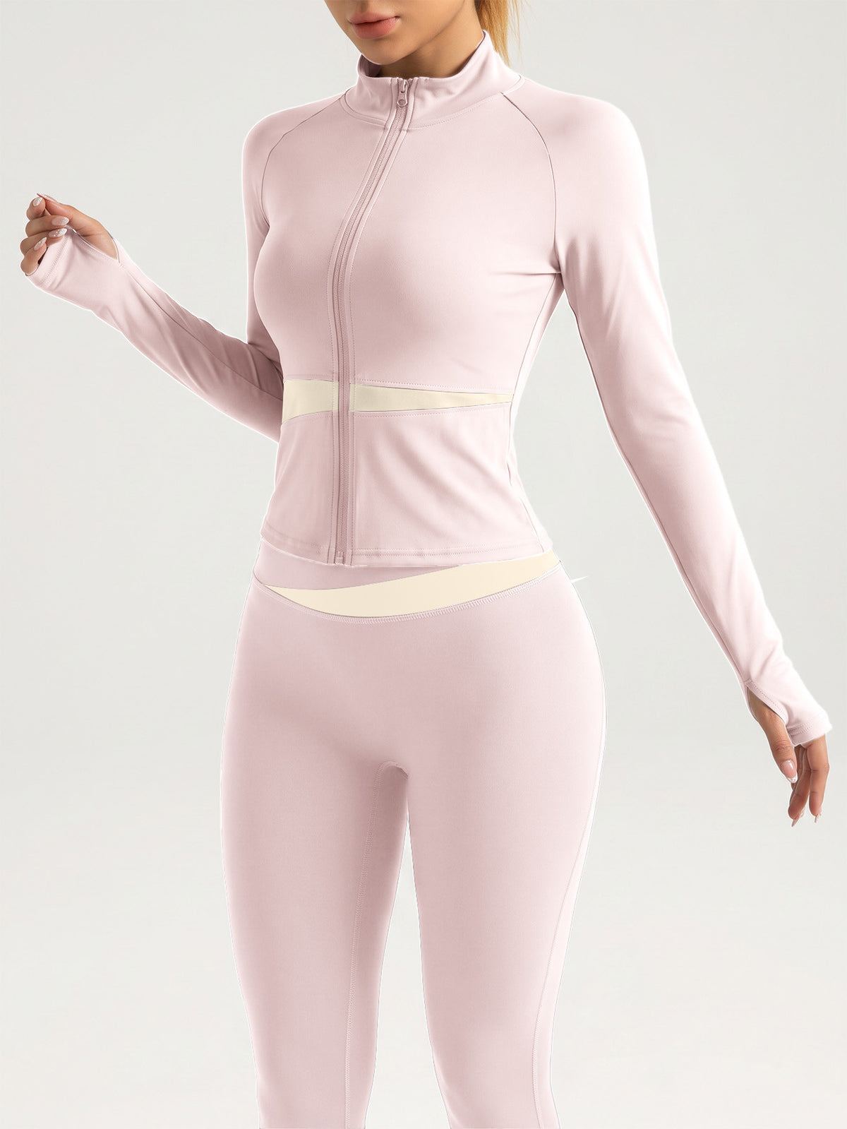 Contrast Zip Jacket & Lifting Leggings Set - Pink