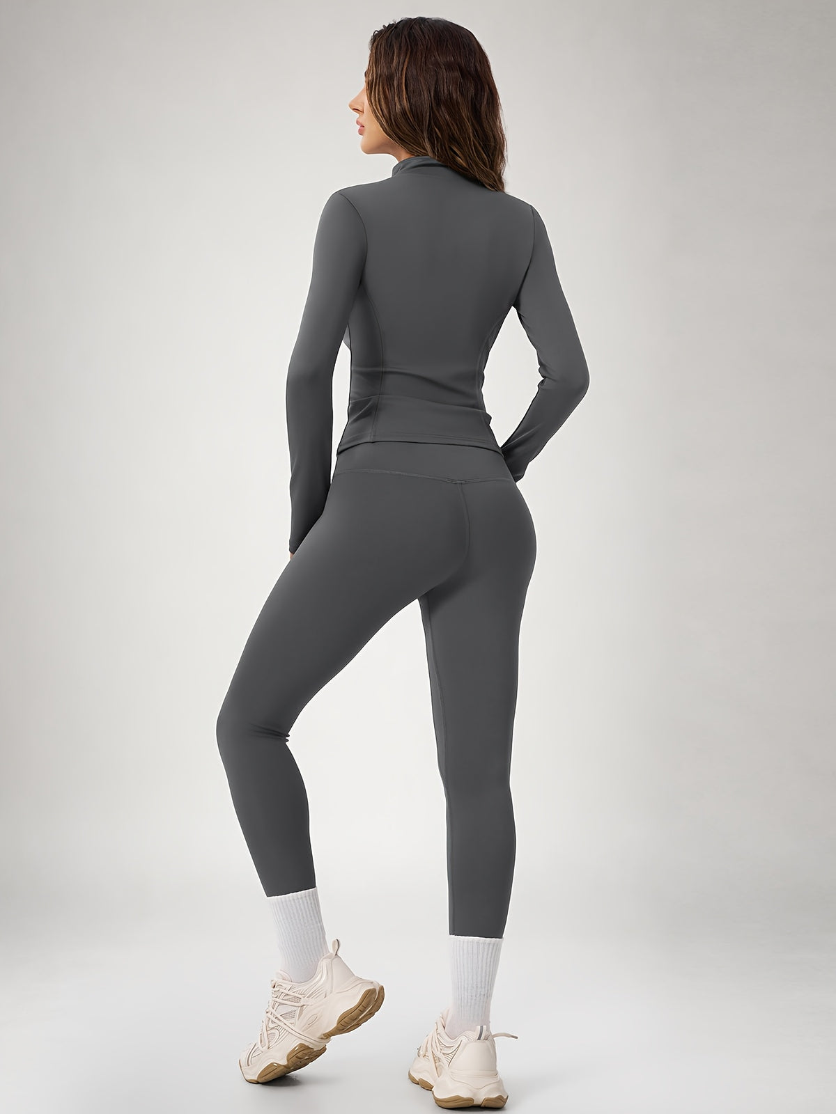 Thumbhole Cropped Zip Jacket & Leggings Set - Grey
